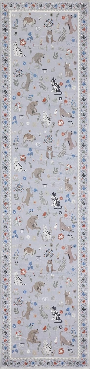 image:imageJONATHAN Y Animal Washable Polyester MachineWashable Runner Rug Charcoal Catmosphere Festive Feline Floral Border Design 2 x 8 Whimsical LowPile with NonSlip Backing for Hallway ANM100C28Grey