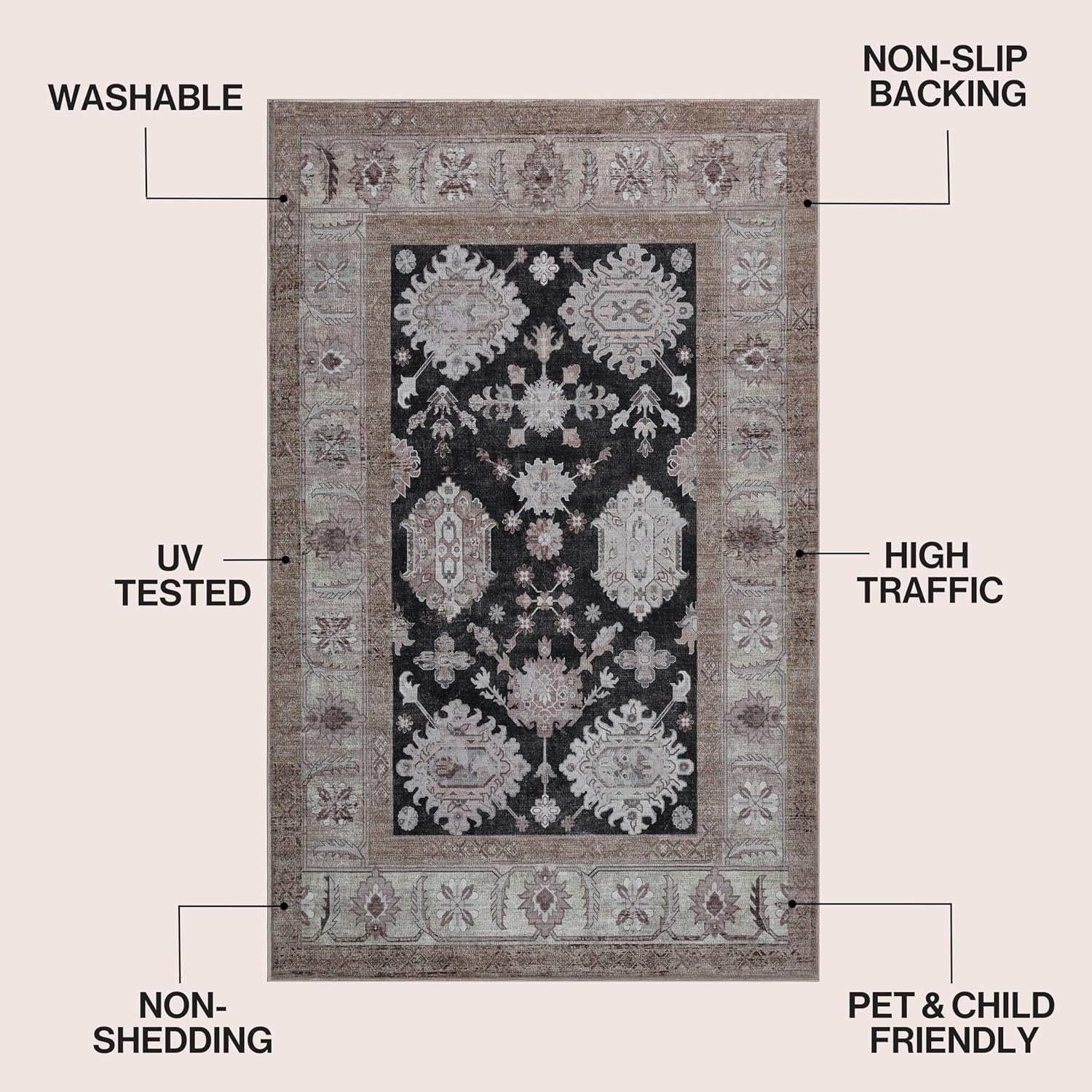 image:imageJONATHAN Y Patina Washable Polyester MachineWashable Runner Rug Charcoal and Beige Kisara Oushak Style Distressed Border 2 x 8 Vintage LowPile with NonSlip Backing Hallway PTN101B28CharcoalBeige
