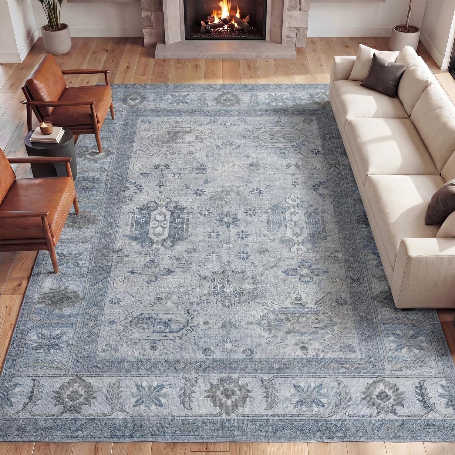 image:imageJONATHAN Y Patina Washable Polyester MachineWashable Runner Rug Charcoal and Beige Kisara Oushak Style Distressed Border 2 x 8 Vintage LowPile with NonSlip Backing Hallway PTN101B28BlueLight Gray
