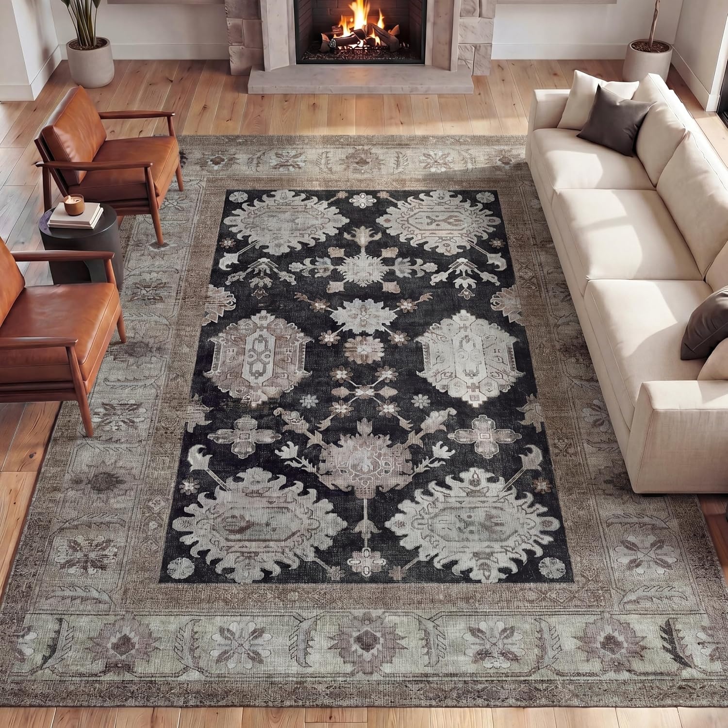 image:imageJONATHAN Y Patina Washable Polyester MachineWashable Runner Rug Charcoal and Beige Kisara Oushak Style Distressed Border 2 x 8 Vintage LowPile with NonSlip Backing Hallway PTN101B28CharcoalBeige
