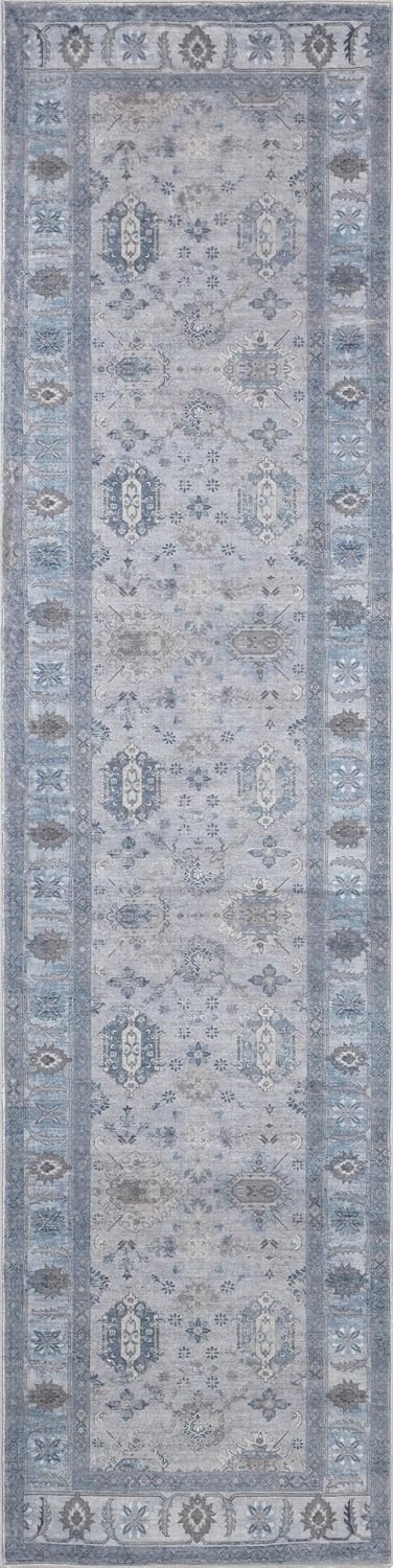 image:imageJONATHAN Y Patina Washable Polyester MachineWashable Runner Rug Charcoal and Beige Kisara Oushak Style Distressed Border 2 x 8 Vintage LowPile with NonSlip Backing Hallway PTN101B28BlueLight Gray