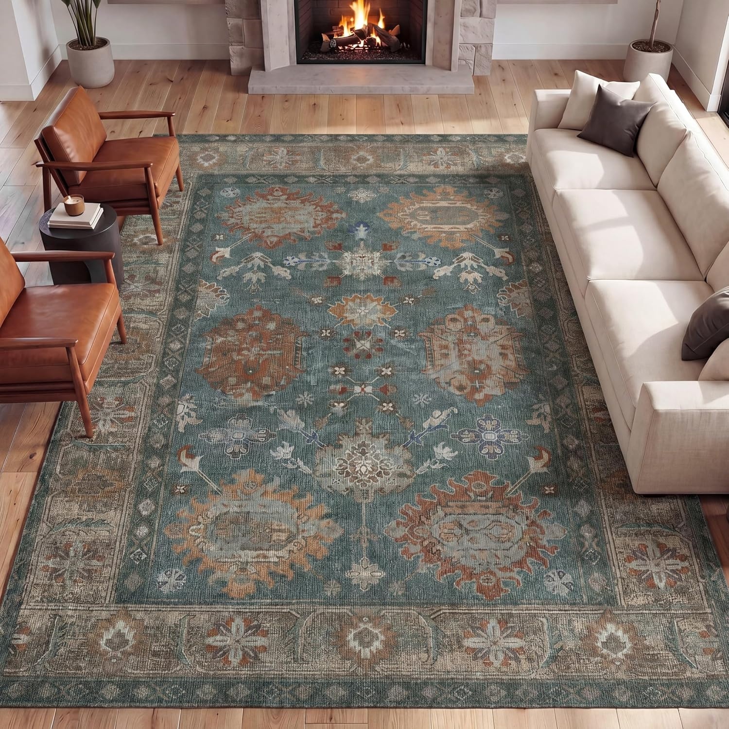image:imageJONATHAN Y Patina Washable Polyester MachineWashable Runner Rug Charcoal and Beige Kisara Oushak Style Distressed Border 2 x 8 Vintage LowPile with NonSlip Backing Hallway PTN101B28GreenBrown