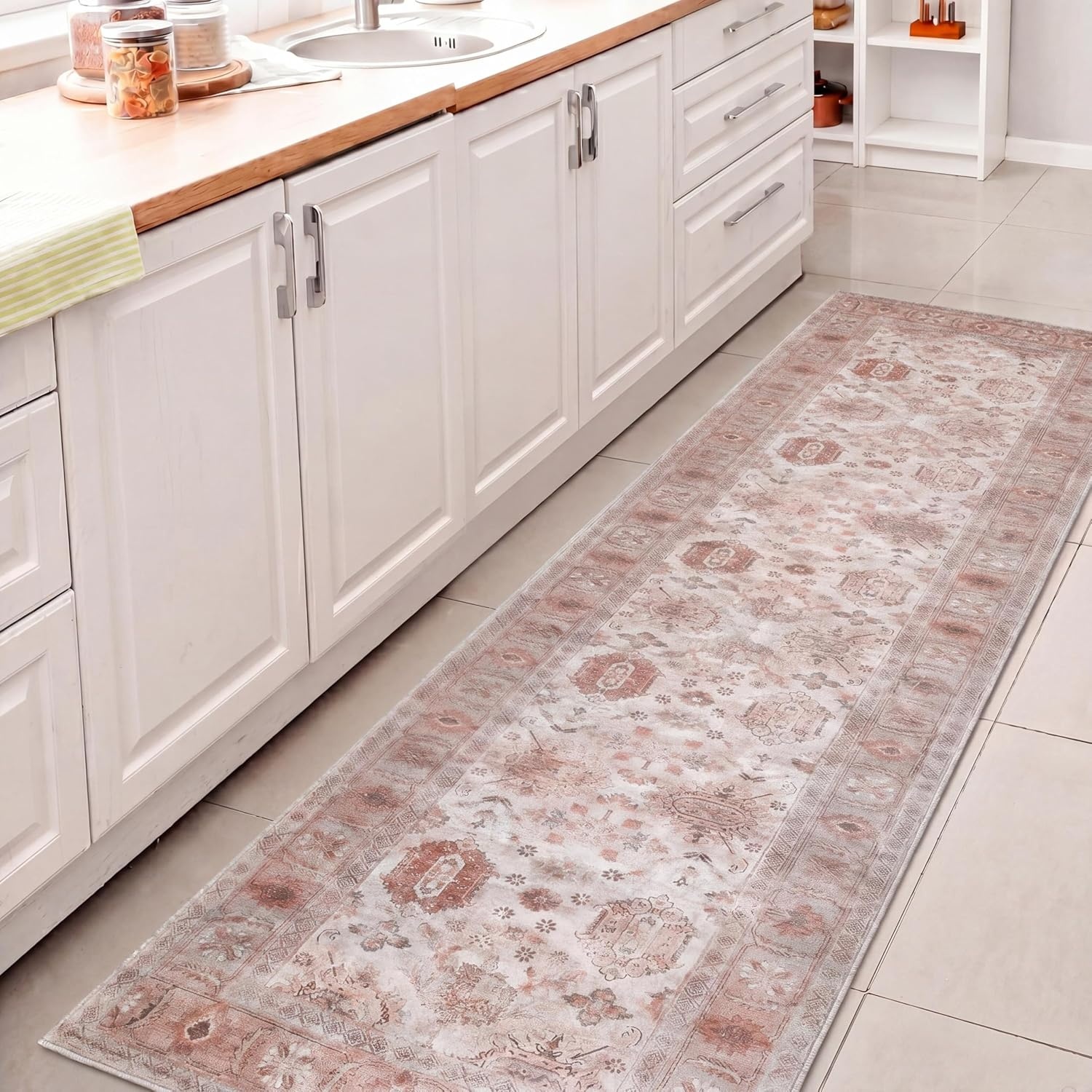 image:imageJONATHAN Y Patina Washable Polyester MachineWashable Runner Rug Charcoal and Beige Kisara Oushak Style Distressed Border 2 x 8 Vintage LowPile with NonSlip Backing Hallway PTN101B28Rose ClayCream