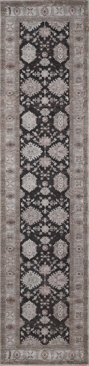 image:imageJONATHAN Y Patina Washable Polyester MachineWashable Runner Rug Charcoal and Beige Kisara Oushak Style Distressed Border 2 x 8 Vintage LowPile with NonSlip Backing Hallway PTN101B28CharcoalBeige