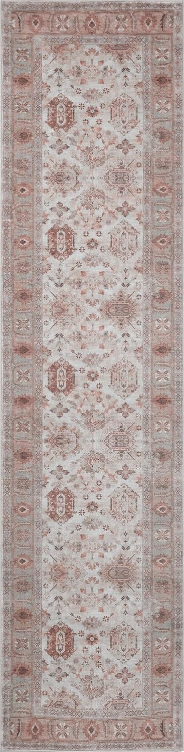 image:imageJONATHAN Y Patina Washable Polyester MachineWashable Runner Rug Charcoal and Beige Kisara Oushak Style Distressed Border 2 x 8 Vintage LowPile with NonSlip Backing Hallway PTN101B28Rose ClayCream