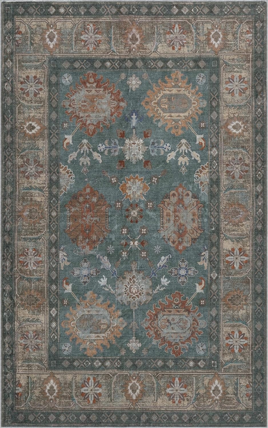 image:imageJONATHAN Y Patina Washable Polyester MachineWashable Runner Rug Charcoal and Beige Kisara Oushak Style Distressed Border 2 x 8 Vintage LowPile with NonSlip Backing Hallway PTN101B28GreenBrown