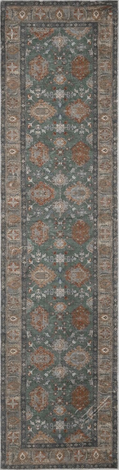image:imageJONATHAN Y Patina Washable Polyester MachineWashable Runner Rug Charcoal and Beige Kisara Oushak Style Distressed Border 2 x 8 Vintage LowPile with NonSlip Backing Hallway PTN101B28GreenBrown