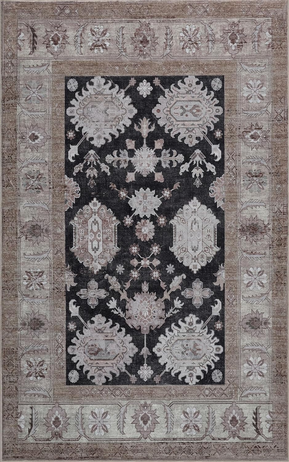 image:imageJONATHAN Y Patina Washable Polyester MachineWashable Runner Rug Charcoal and Beige Kisara Oushak Style Distressed Border 2 x 8 Vintage LowPile with NonSlip Backing Hallway PTN101B28CharcoalBeige