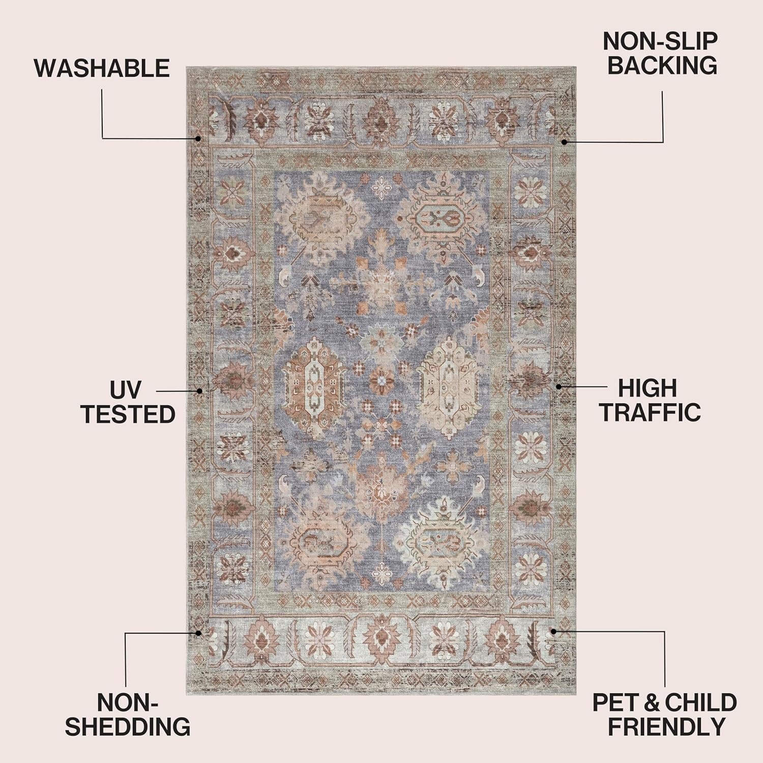 image:imageJONATHAN Y Patina Washable Polyester MachineWashable Runner Rug Charcoal and Beige Kisara Oushak Style Distressed Border 2 x 8 Vintage LowPile with NonSlip Backing Hallway PTN101B28KhakiGray
