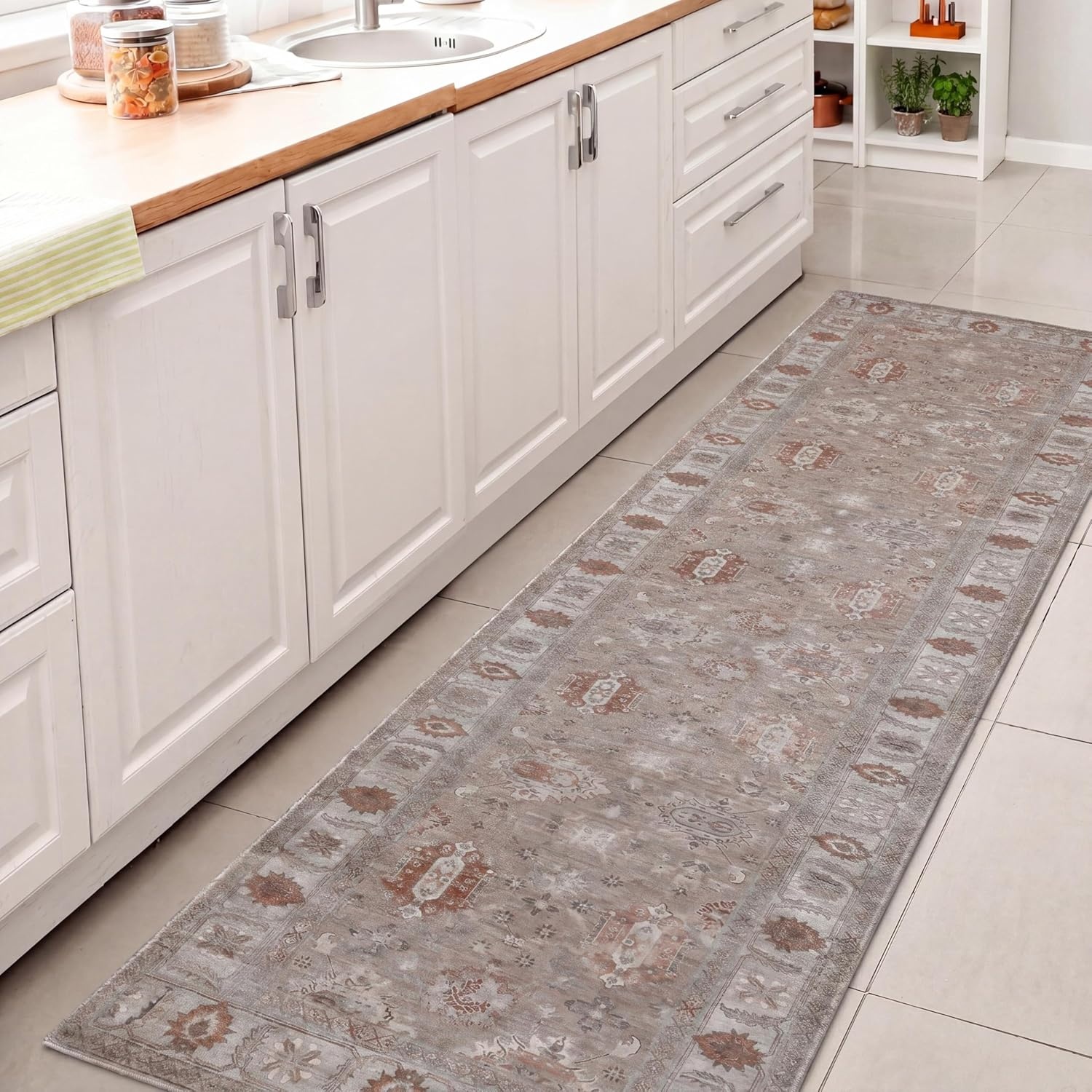 image:imageJONATHAN Y Patina Washable Polyester MachineWashable Runner Rug Charcoal and Beige Kisara Oushak Style Distressed Border 2 x 8 Vintage LowPile with NonSlip Backing Hallway PTN101B28BeigeCream