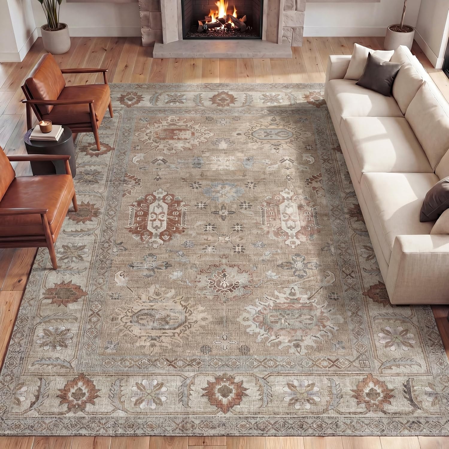 image:imageJONATHAN Y Patina Washable Polyester MachineWashable Runner Rug Charcoal and Beige Kisara Oushak Style Distressed Border 2 x 8 Vintage LowPile with NonSlip Backing Hallway PTN101B28BeigeCream