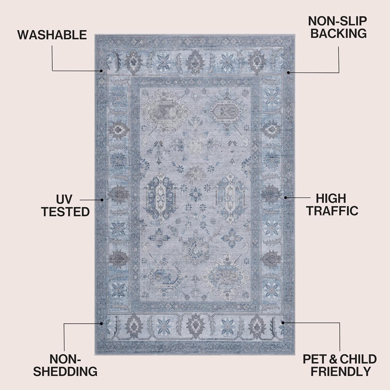 image:imageJONATHAN Y Patina Washable Polyester MachineWashable Runner Rug Charcoal and Beige Kisara Oushak Style Distressed Border 2 x 8 Vintage LowPile with NonSlip Backing Hallway PTN101B28BlueLight Gray