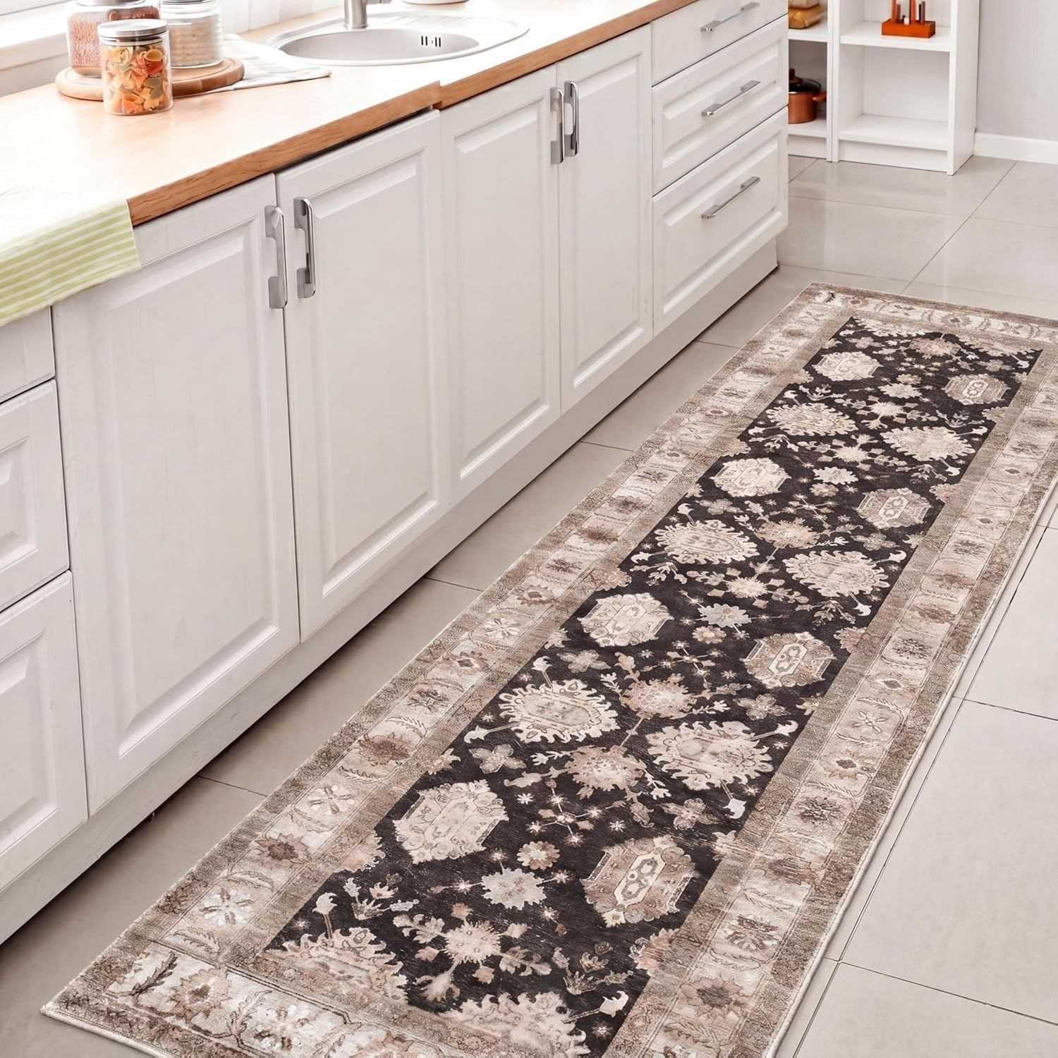 image:imageJONATHAN Y Patina Washable Polyester MachineWashable Runner Rug Charcoal and Beige Kisara Oushak Style Distressed Border 2 x 8 Vintage LowPile with NonSlip Backing Hallway PTN101B28CharcoalBeige