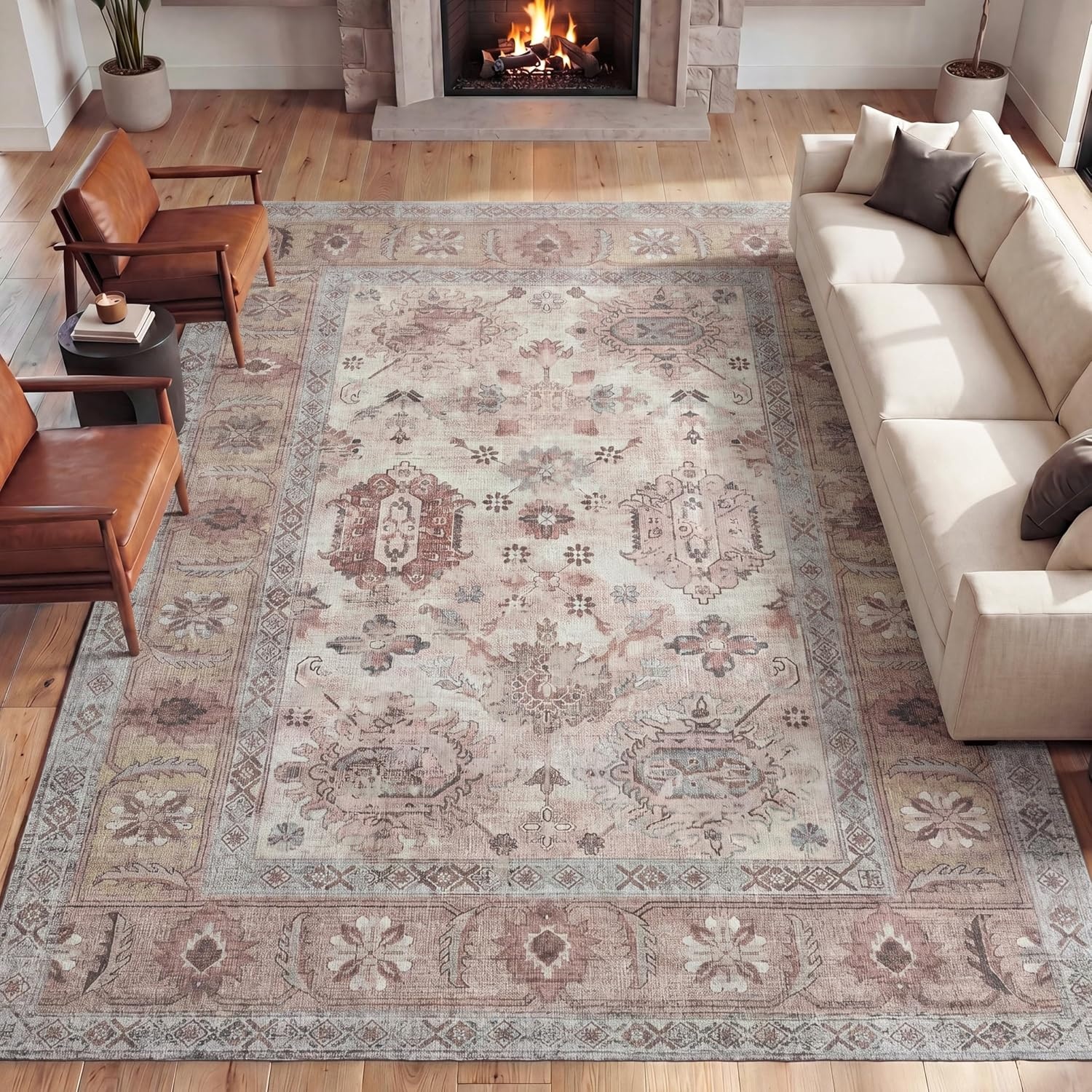 image:imageJONATHAN Y Patina Washable Polyester MachineWashable Runner Rug Charcoal and Beige Kisara Oushak Style Distressed Border 2 x 8 Vintage LowPile with NonSlip Backing Hallway PTN101B28Rose ClayCream