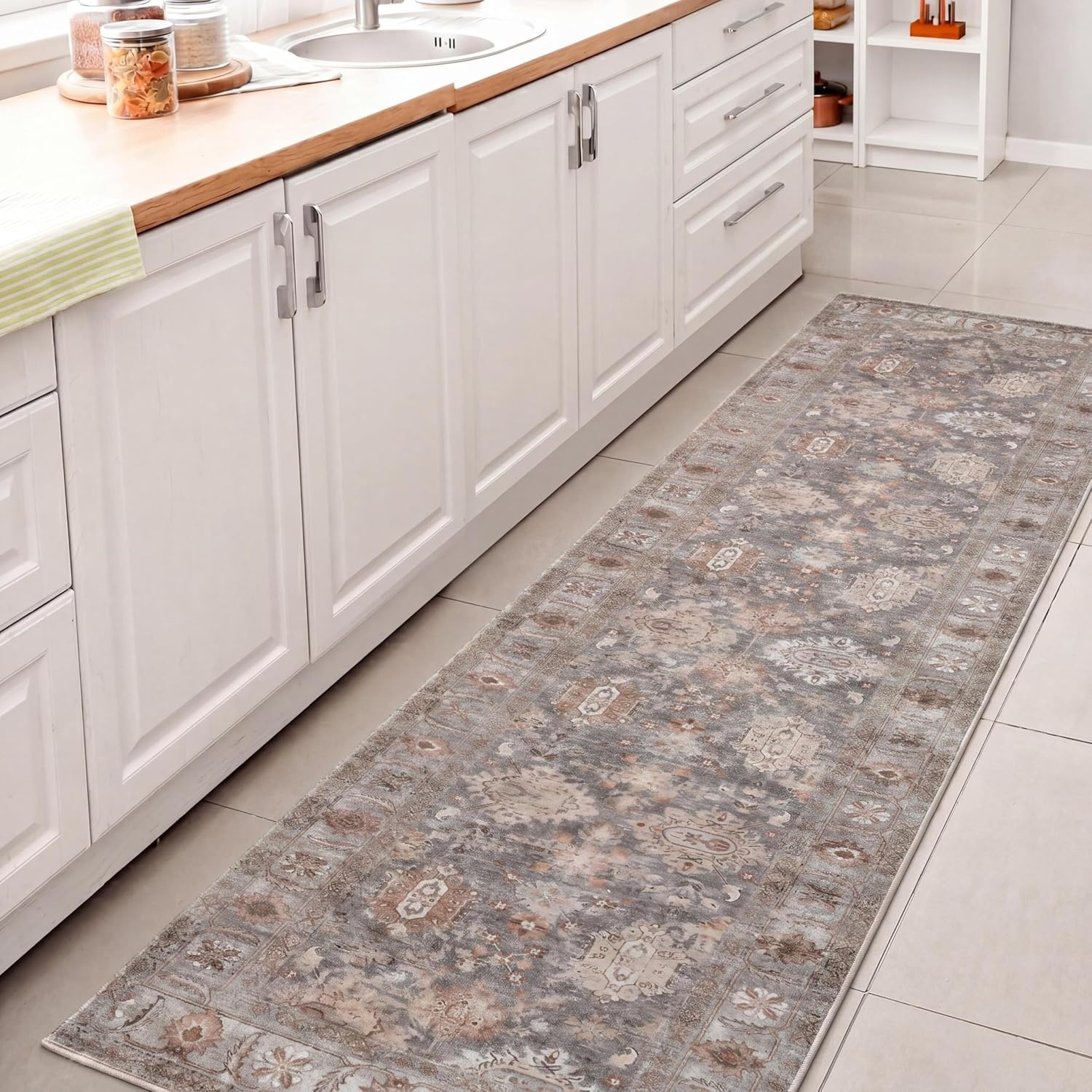 image:imageJONATHAN Y Patina Washable Polyester MachineWashable Runner Rug Charcoal and Beige Kisara Oushak Style Distressed Border 2 x 8 Vintage LowPile with NonSlip Backing Hallway PTN101B28KhakiGray
