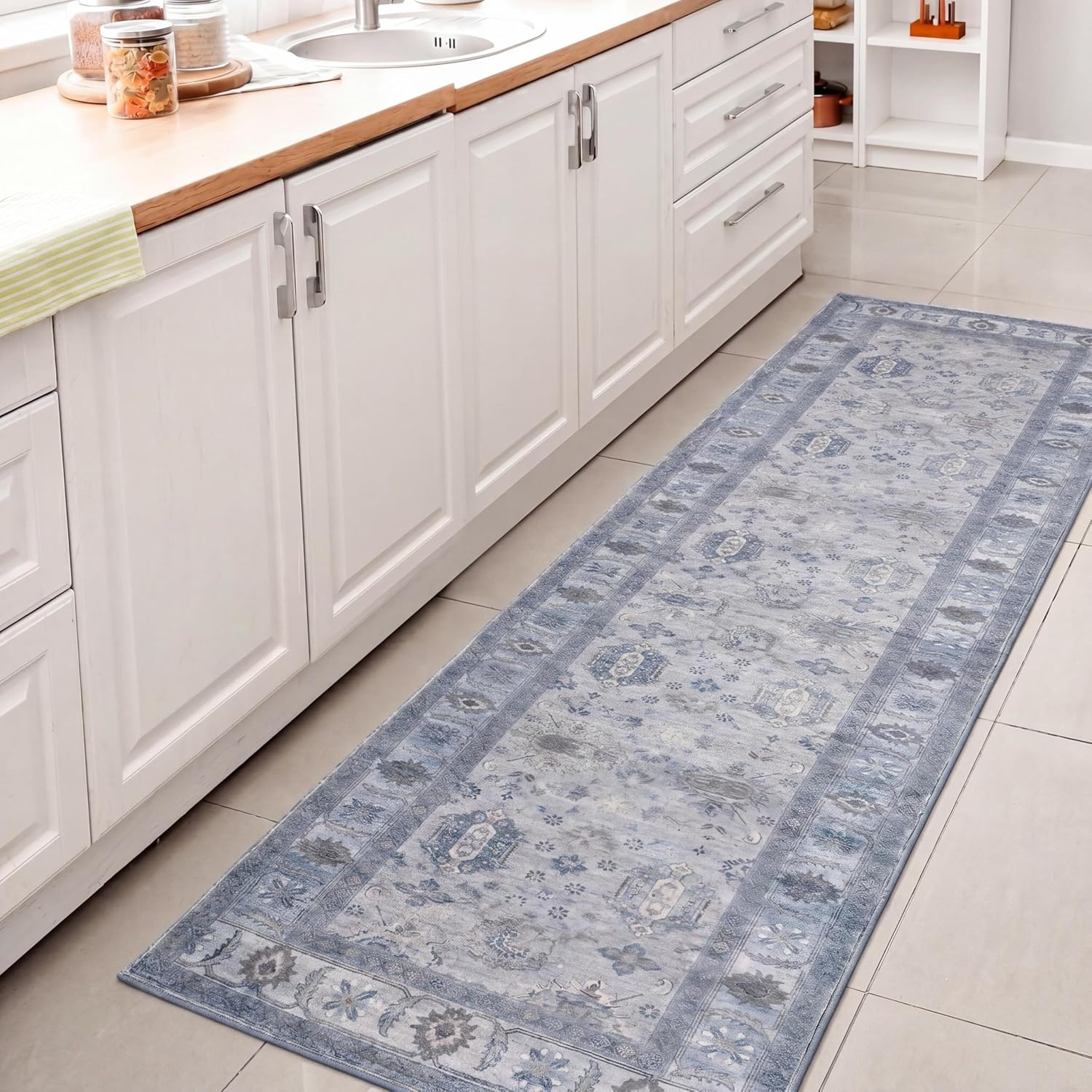 image:imageJONATHAN Y Patina Washable Polyester MachineWashable Runner Rug Charcoal and Beige Kisara Oushak Style Distressed Border 2 x 8 Vintage LowPile with NonSlip Backing Hallway PTN101B28BlueLight Gray