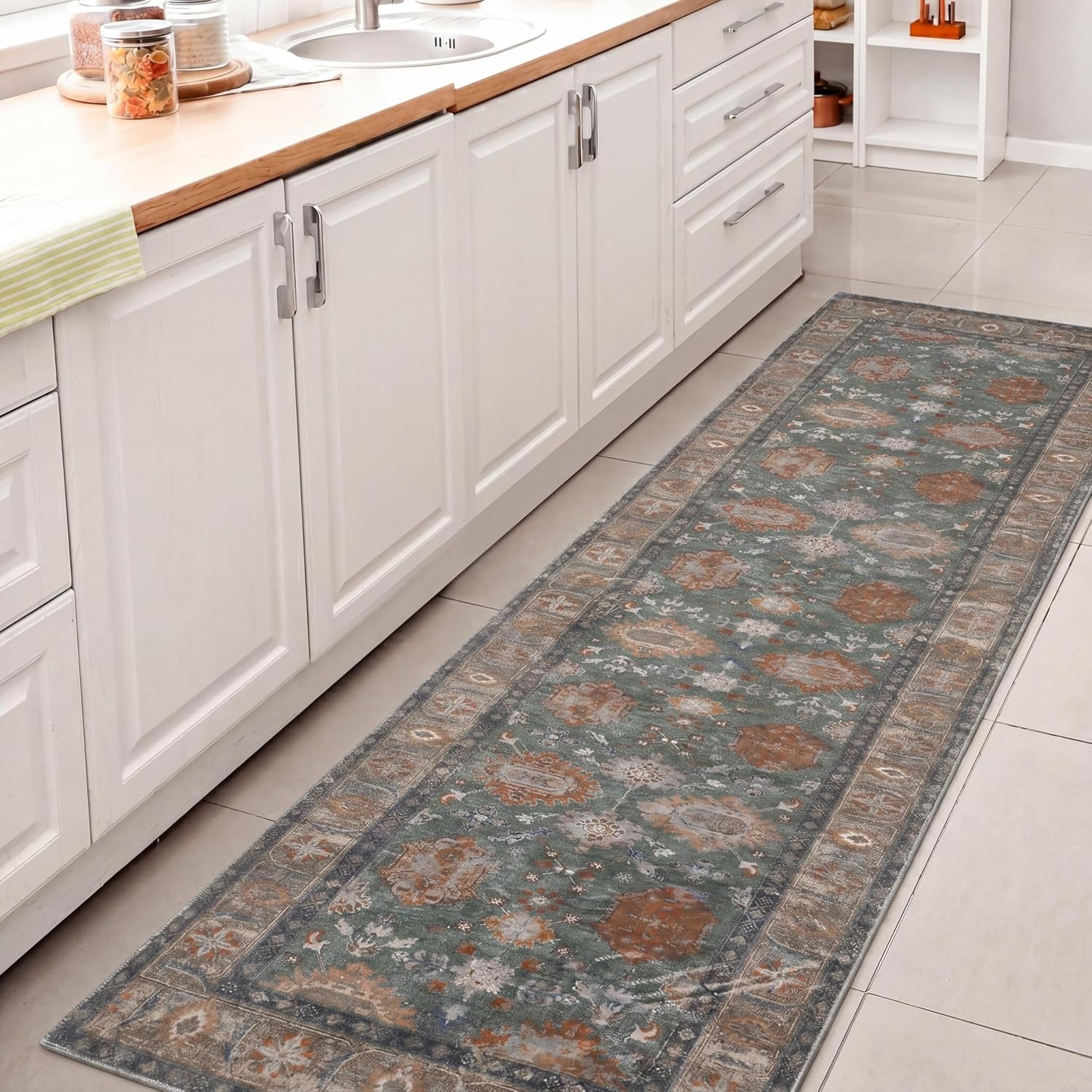image:imageJONATHAN Y Patina Washable Polyester MachineWashable Runner Rug Charcoal and Beige Kisara Oushak Style Distressed Border 2 x 8 Vintage LowPile with NonSlip Backing Hallway PTN101B28GreenBrown