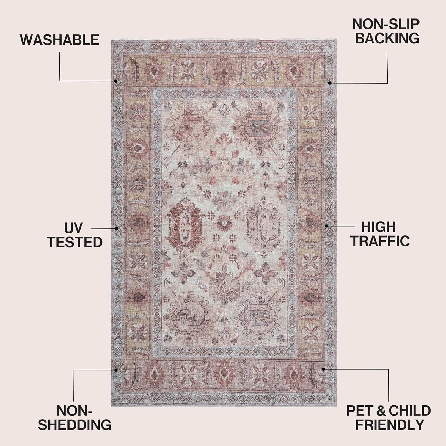 image:imageJONATHAN Y Patina Washable Polyester MachineWashable Runner Rug Charcoal and Beige Kisara Oushak Style Distressed Border 2 x 8 Vintage LowPile with NonSlip Backing Hallway PTN101B28Rose ClayCream