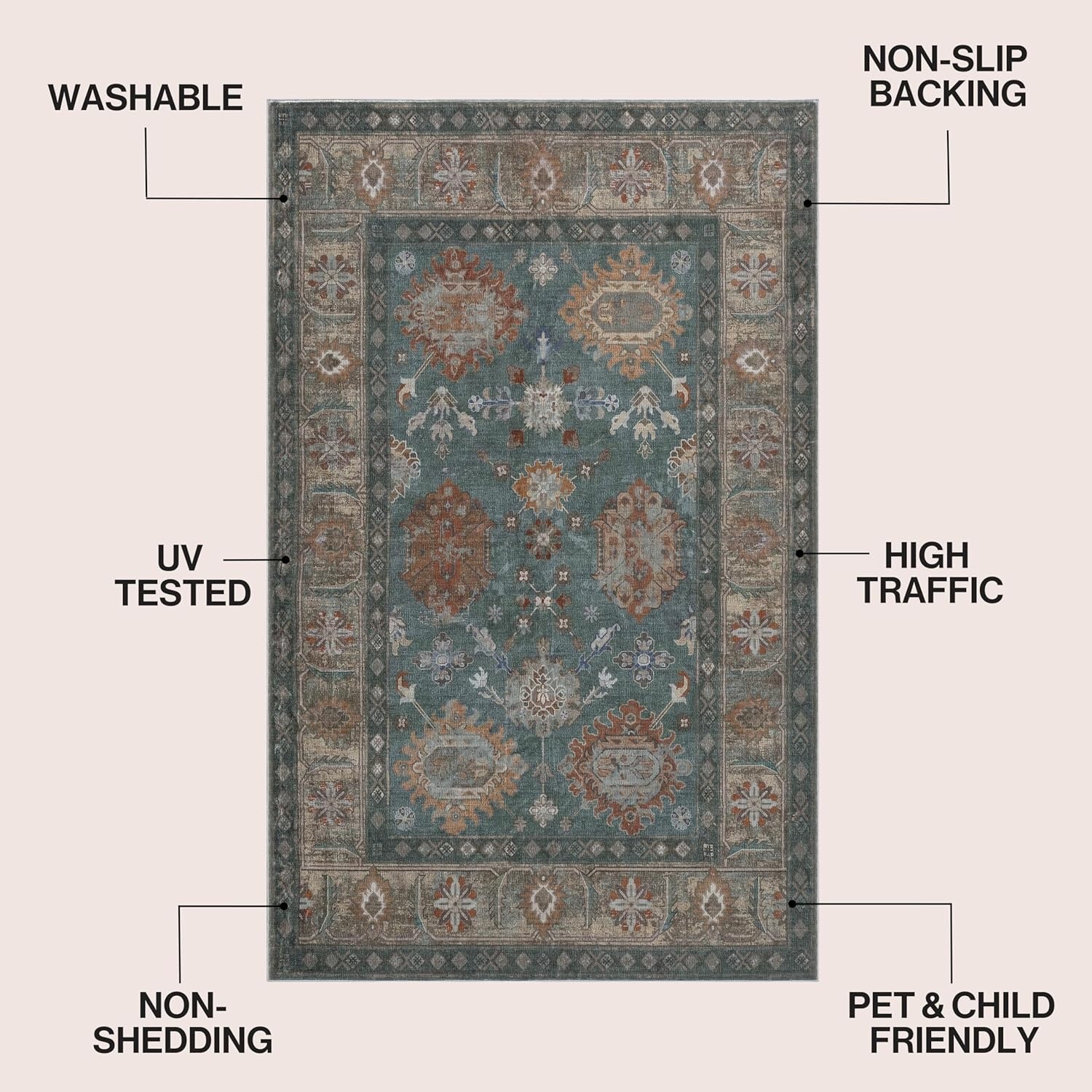 image:imageJONATHAN Y Patina Washable Polyester MachineWashable Runner Rug Charcoal and Beige Kisara Oushak Style Distressed Border 2 x 8 Vintage LowPile with NonSlip Backing Hallway PTN101B28GreenBrown