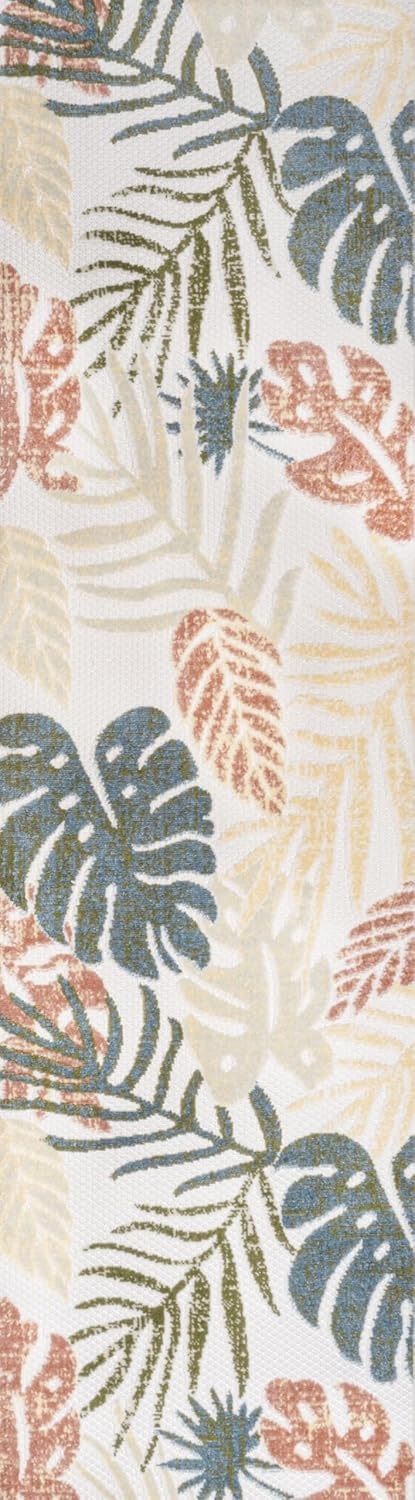 image:imageJONATHAN Y Tropical Leaf Indoor Outdoor Runner Rug 2X8 CreamDark Blue Monstera HighLow for Backyard Patio Porch EasyCleaning High Traffic PetFriendly NonShedding AMC113E28CreamMulti