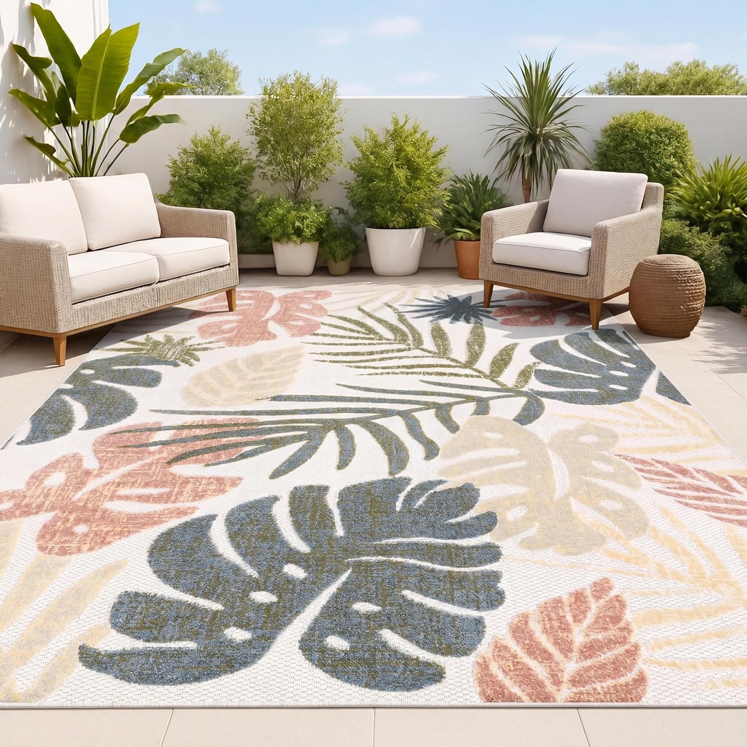 image:imageJONATHAN Y Tropical Leaf Indoor Outdoor Runner Rug 2X8 CreamDark Blue Monstera HighLow for Backyard Patio Porch EasyCleaning High Traffic PetFriendly NonShedding AMC113E28CreamMulti