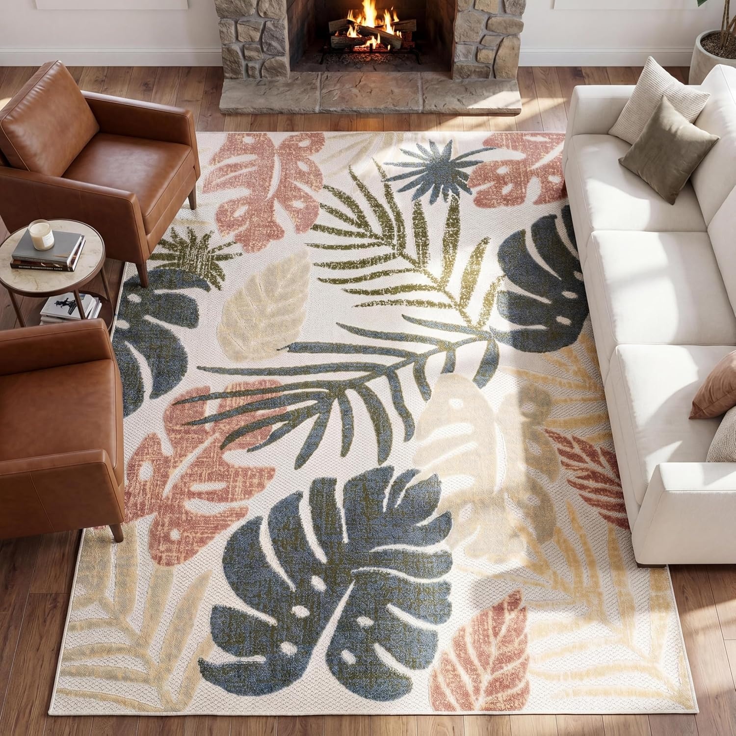 image:imageJONATHAN Y Tropical Leaf Indoor Outdoor Runner Rug 2X8 CreamDark Blue Monstera HighLow for Backyard Patio Porch EasyCleaning High Traffic PetFriendly NonShedding AMC113E28CreamMulti