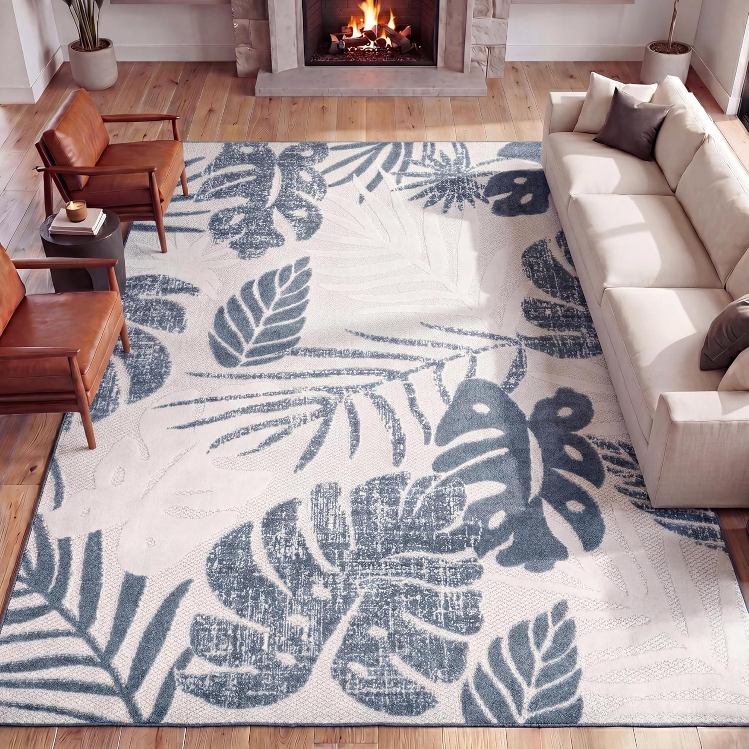 image:imageJONATHAN Y Tropical Leaf Indoor Outdoor Runner Rug 2X8 CreamDark Blue Monstera HighLow for Backyard Patio Porch EasyCleaning High Traffic PetFriendly NonShedding AMC113E28CreamDark Blue