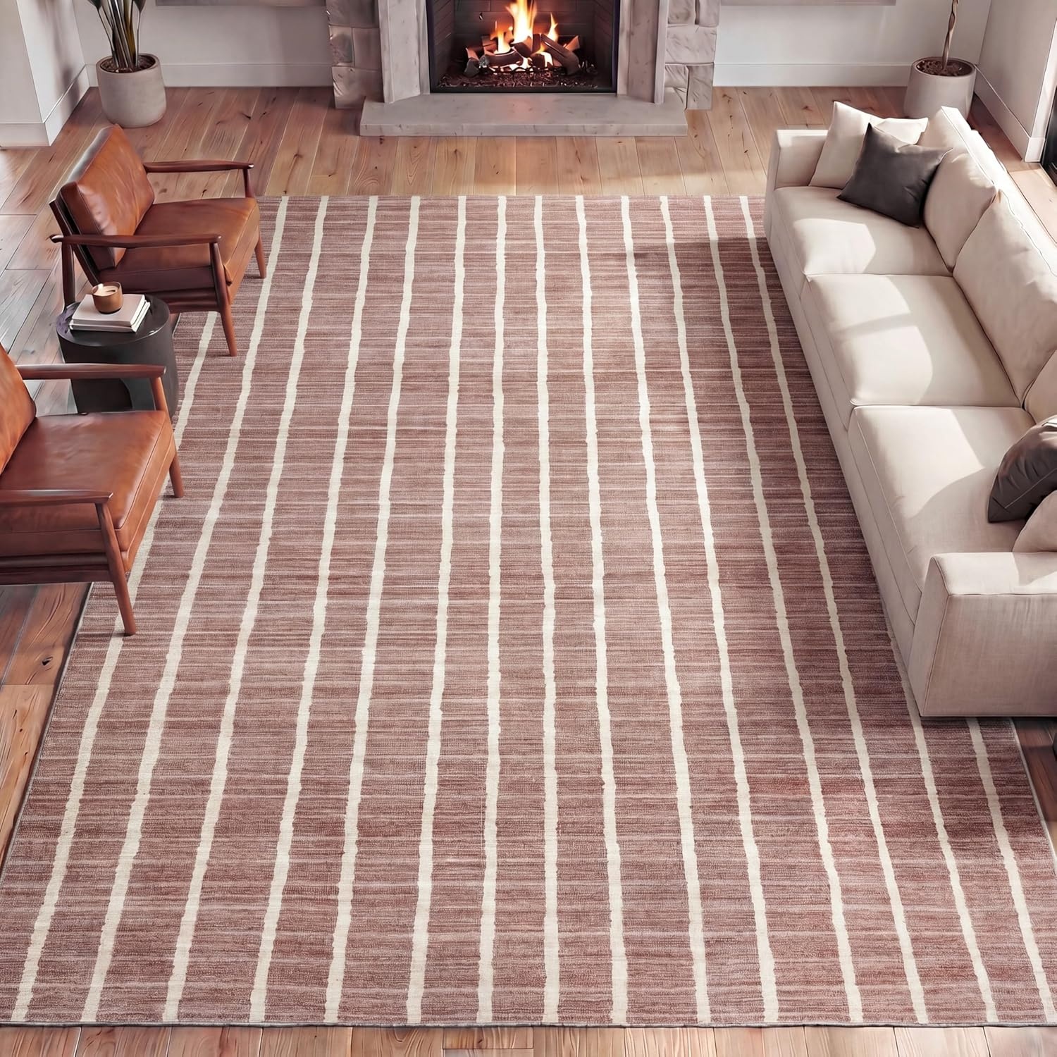 image:imageJONATHAN Y Washable Orton Distressed Ticking Stripe 2 x 8 MachineWashable Polyester Runner Rug Beige and Cream Farmhouse Vintage Style with Low Pile for Hallway WSH519F28Rose ClayCream