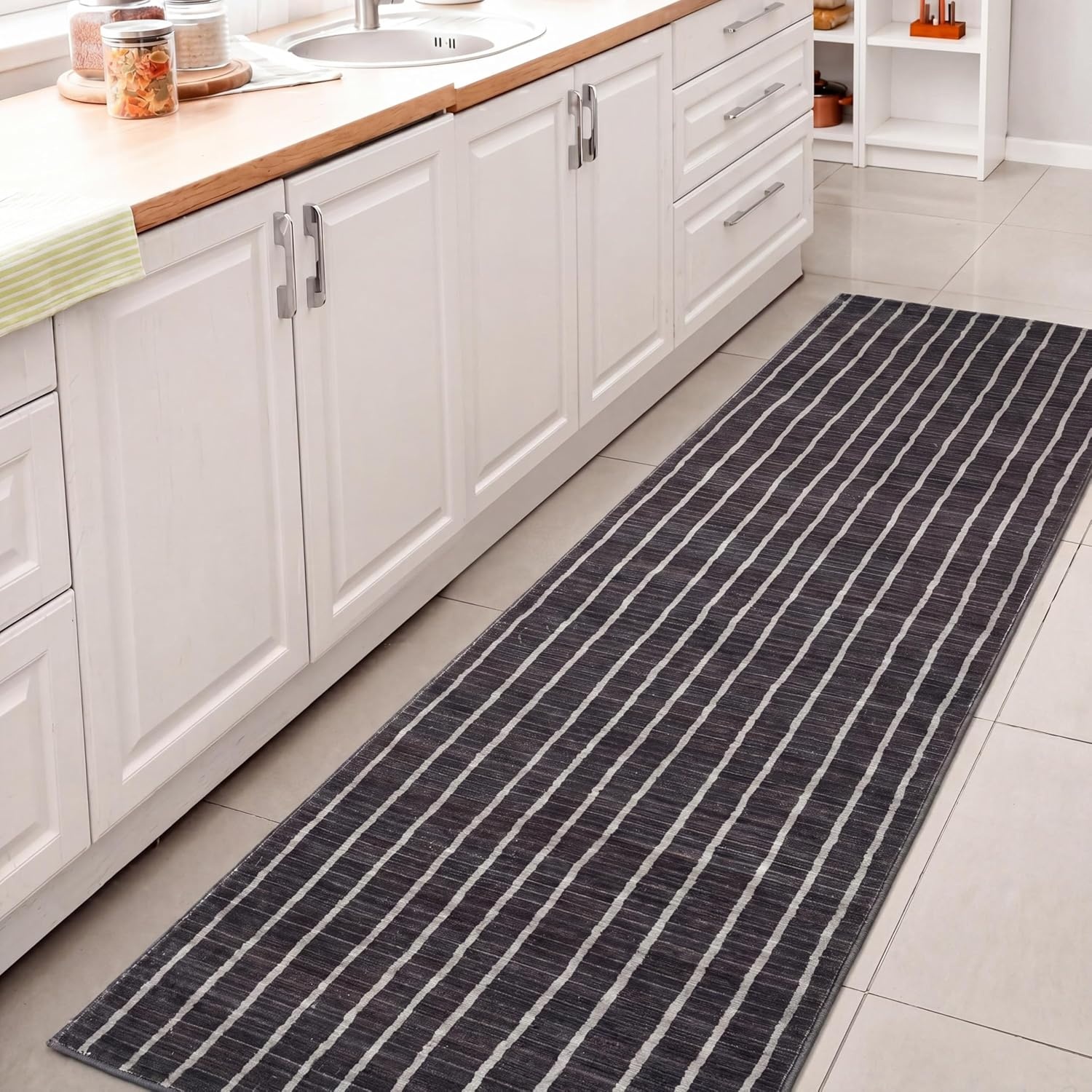 image:imageJONATHAN Y Washable Orton Distressed Ticking Stripe 2 x 8 MachineWashable Polyester Runner Rug Beige and Cream Farmhouse Vintage Style with Low Pile for Hallway WSH519F28CharcoalCream
