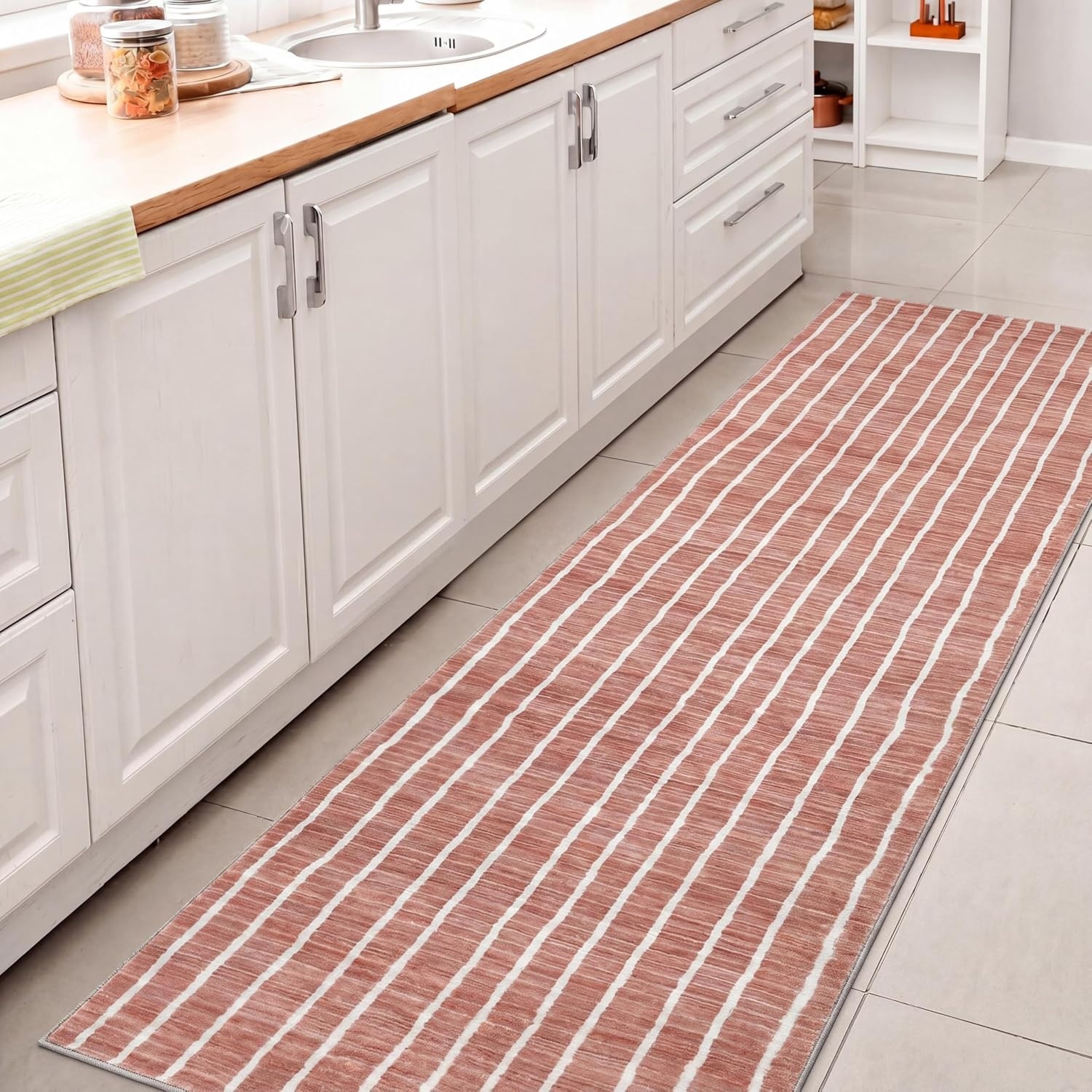 image:imageJONATHAN Y Washable Orton Distressed Ticking Stripe 2 x 8 MachineWashable Polyester Runner Rug Beige and Cream Farmhouse Vintage Style with Low Pile for Hallway WSH519F28Rose ClayCream