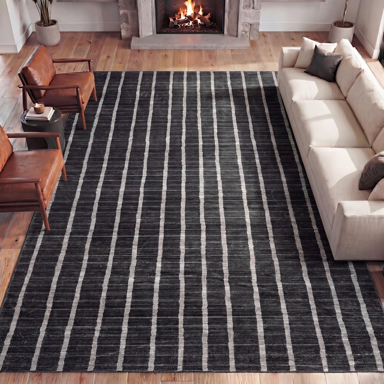 image:imageJONATHAN Y Washable Orton Distressed Ticking Stripe 2 x 8 MachineWashable Polyester Runner Rug Beige and Cream Farmhouse Vintage Style with Low Pile for Hallway WSH519F28CharcoalCream