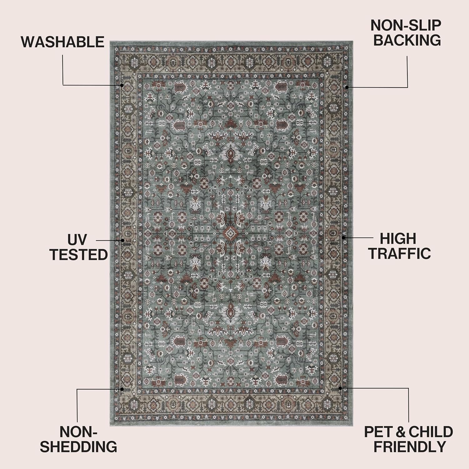 image:imageJONATHAN Y Washable Polyester MachineWashable Runner Rug with Traditional Medallion Floral Border Rose Clay and Ivory 2 x 8 Vintage Low Pile for Hallway WSH504H28GreenBrown