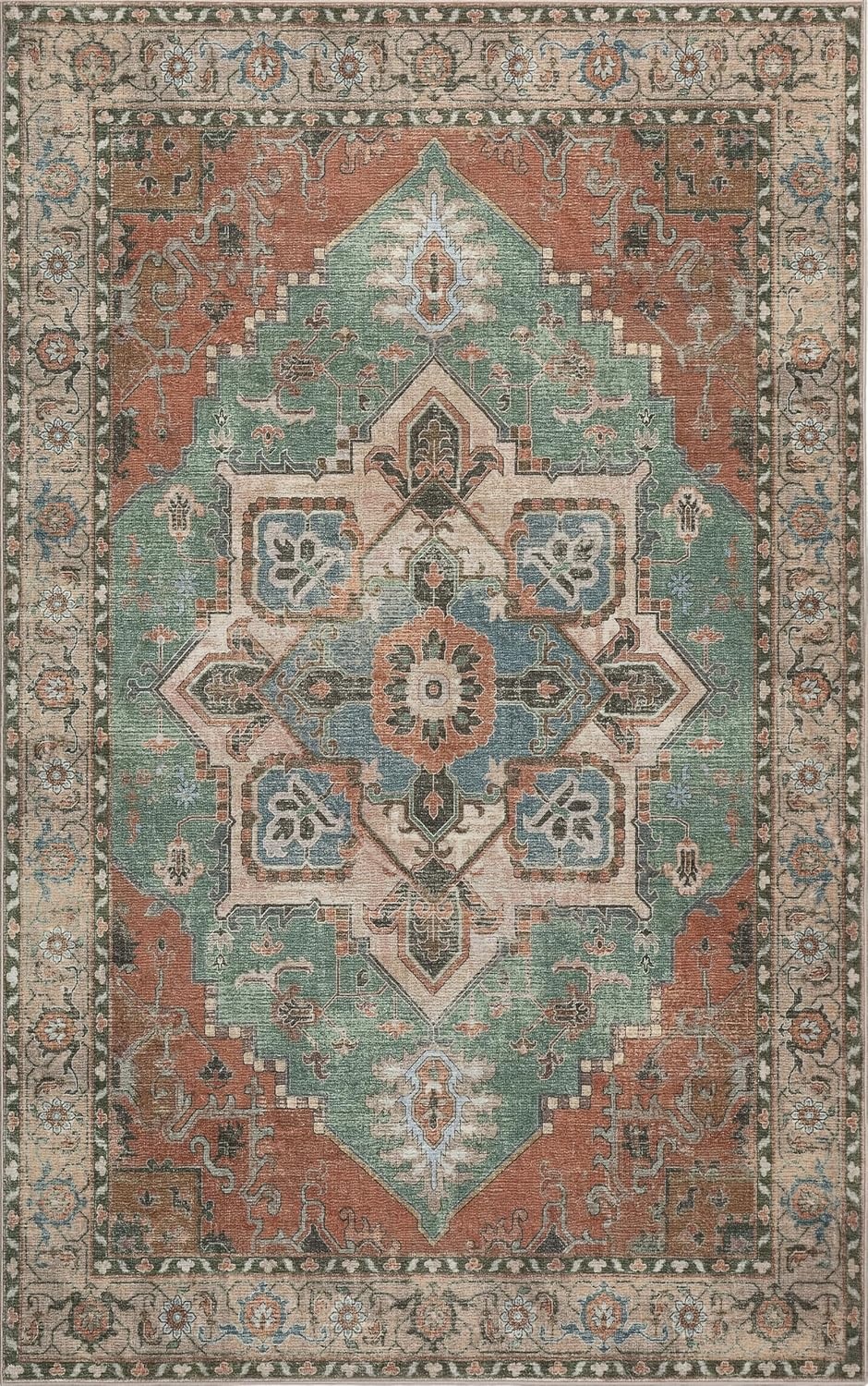 image:imageJONATHAN Y Washable Sersi Ornate Large Medallion Border 2 x 8 Runner Rug Rose Clay and Cream Vintage Bohemian MachineWashable LowPile Polyester with NonSlip Backing for Hallway WSH505G28GreenBrown