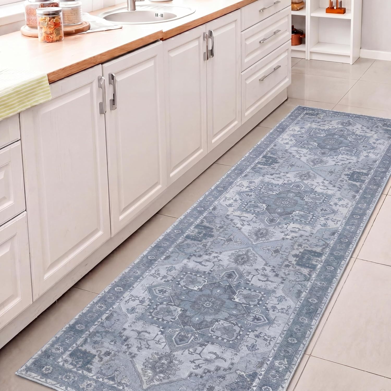 image:imageJONATHAN Y Washable Sersi Ornate Large Medallion Border 2 x 8 Runner Rug Rose Clay and Cream Vintage Bohemian MachineWashable LowPile Polyester with NonSlip Backing for Hallway WSH505G28Blue GrayCream