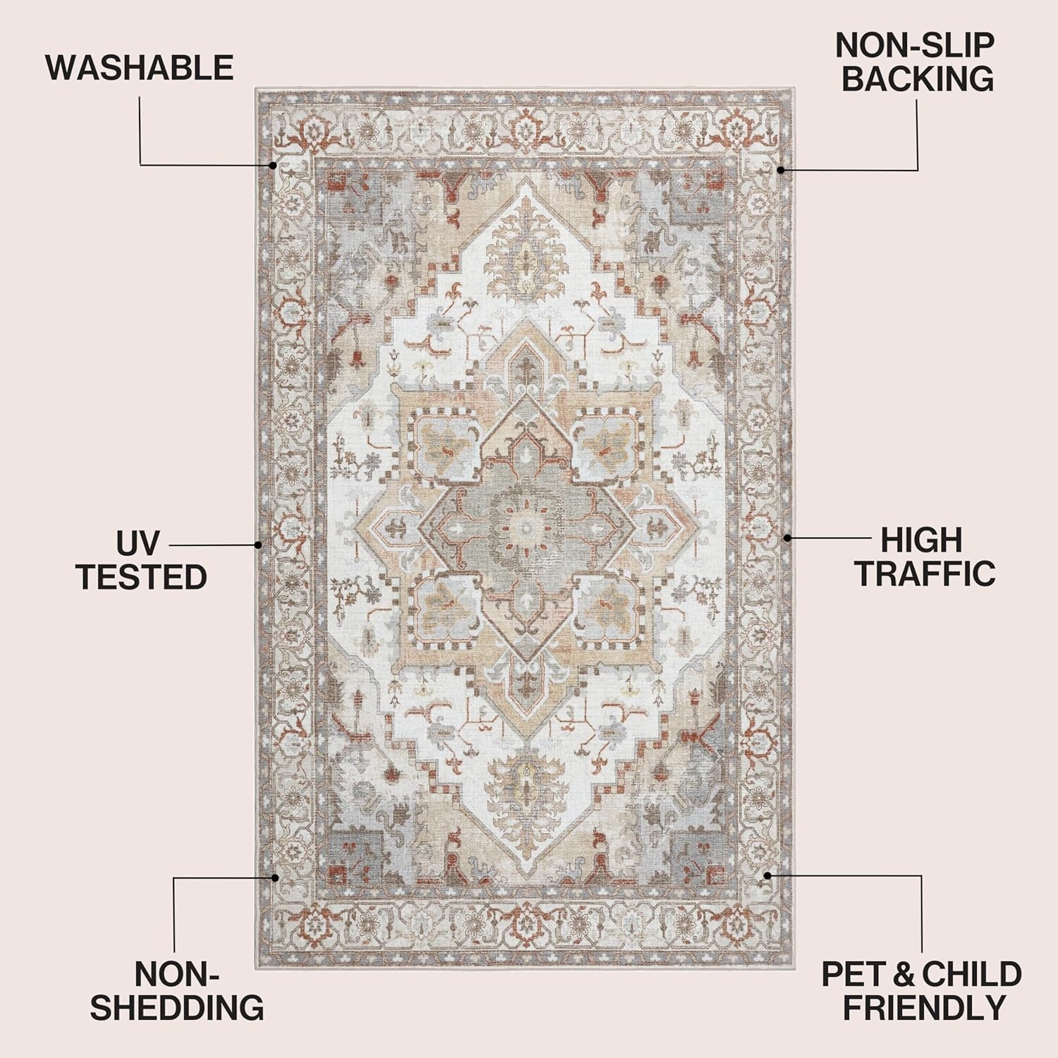 image:imageJONATHAN Y Washable Sersi Ornate Large Medallion Border 2 x 8 Runner Rug Rose Clay and Cream Vintage Bohemian MachineWashable LowPile Polyester with NonSlip Backing for Hallway WSH505G28BeigeCream