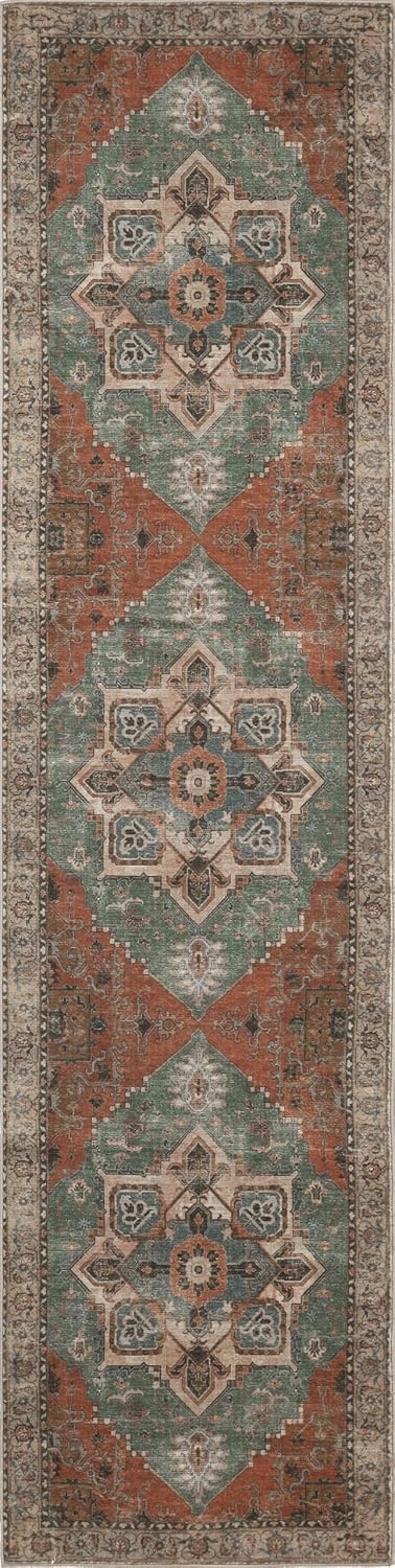 image:imageJONATHAN Y Washable Sersi Ornate Large Medallion Border 2 x 8 Runner Rug Rose Clay and Cream Vintage Bohemian MachineWashable LowPile Polyester with NonSlip Backing for Hallway WSH505G28GreenBrown