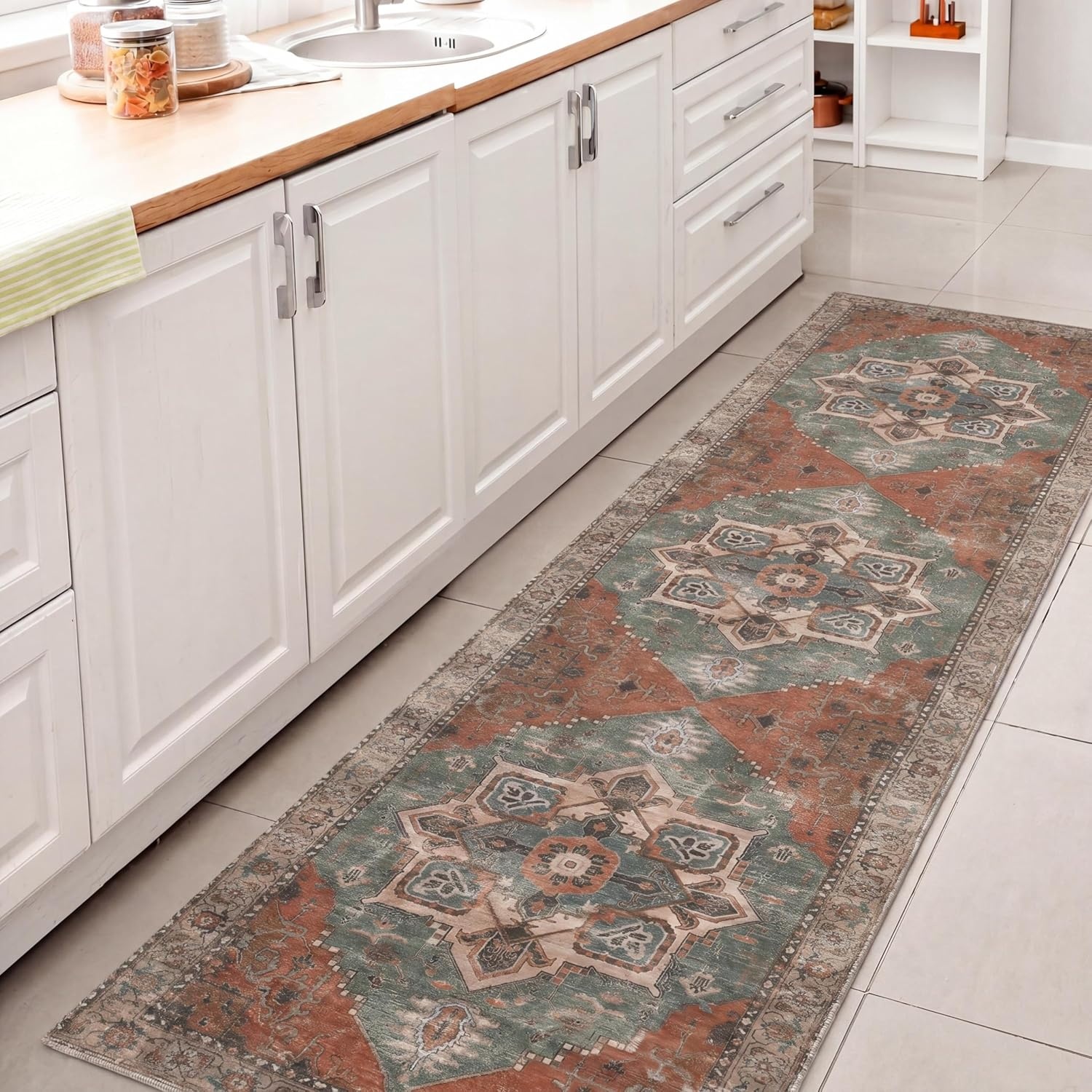 image:imageJONATHAN Y Washable Sersi Ornate Large Medallion Border 2 x 8 Runner Rug Rose Clay and Cream Vintage Bohemian MachineWashable LowPile Polyester with NonSlip Backing for Hallway WSH505G28GreenBrown