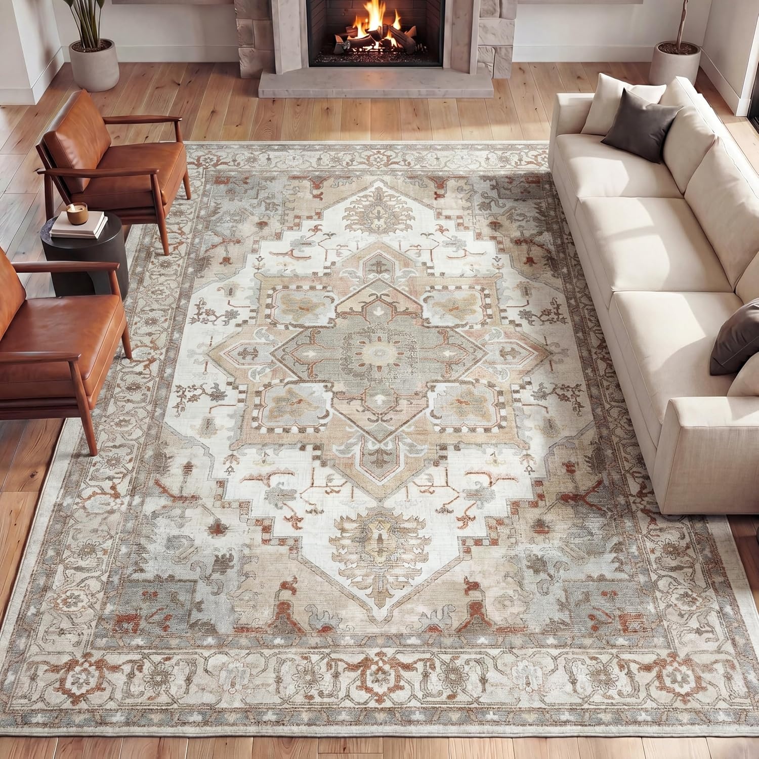 image:imageJONATHAN Y Washable Sersi Ornate Large Medallion Border 2 x 8 Runner Rug Rose Clay and Cream Vintage Bohemian MachineWashable LowPile Polyester with NonSlip Backing for Hallway WSH505G28BeigeCream