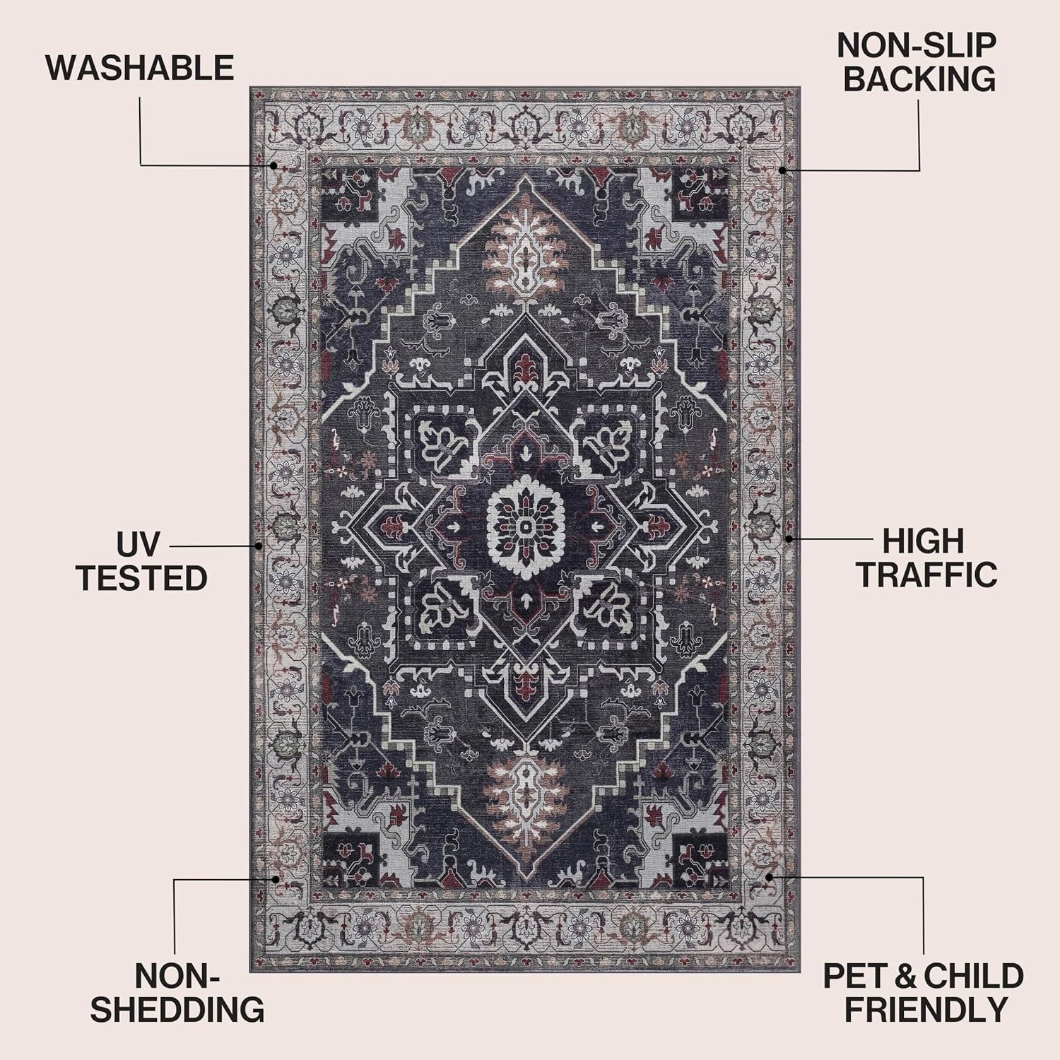 image:imageJONATHAN Y Washable Sersi Ornate Large Medallion Border 2 x 8 Runner Rug Rose Clay and Cream Vintage Bohemian MachineWashable LowPile Polyester with NonSlip Backing for Hallway WSH505G28CharcoalIvory