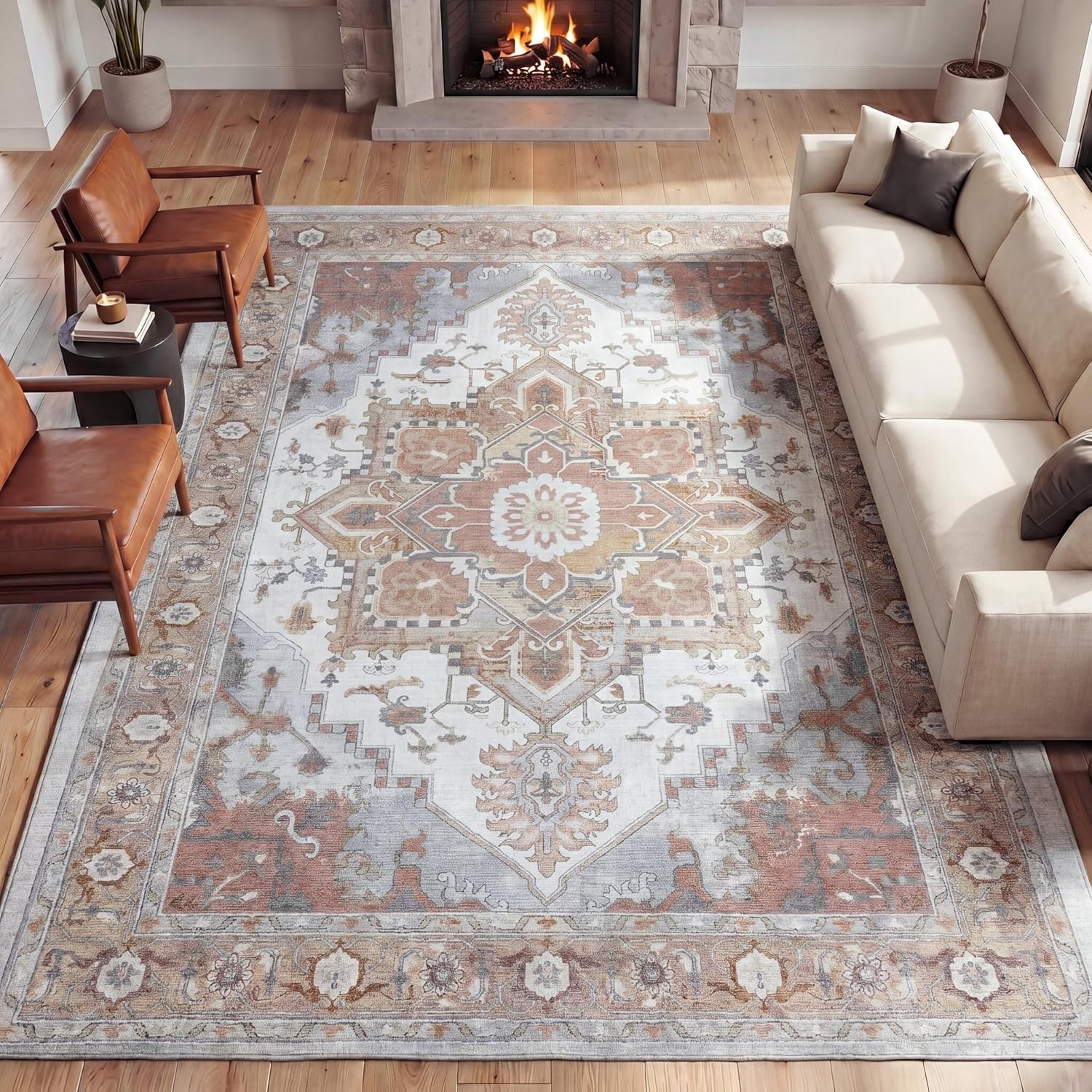 image:imageJONATHAN Y Washable Sersi Ornate Large Medallion Border 2 x 8 Runner Rug Rose Clay and Cream Vintage Bohemian MachineWashable LowPile Polyester with NonSlip Backing for Hallway WSH505G28Rose ClayCream
