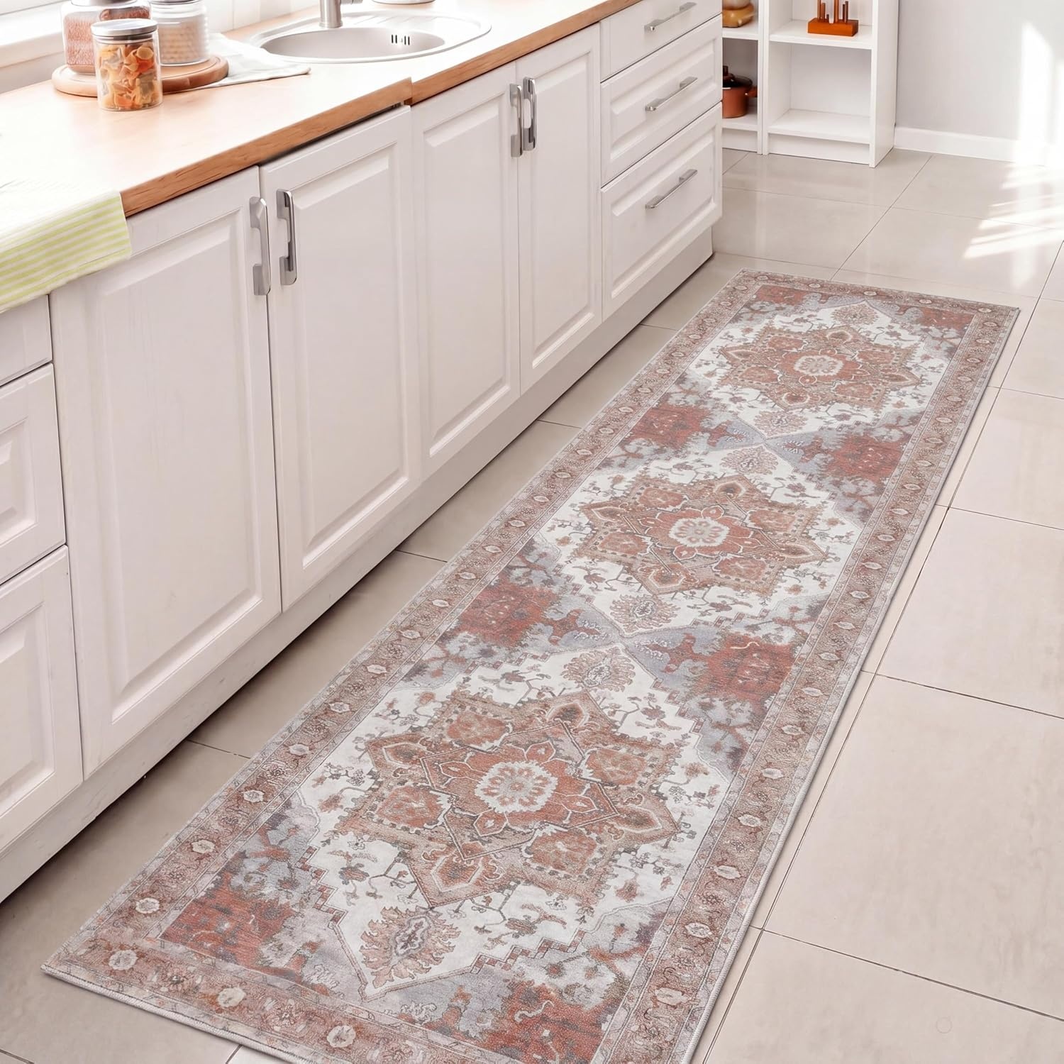 image:imageJONATHAN Y Washable Sersi Ornate Large Medallion Border 2 x 8 Runner Rug Rose Clay and Cream Vintage Bohemian MachineWashable LowPile Polyester with NonSlip Backing for Hallway WSH505G28Rose ClayCream