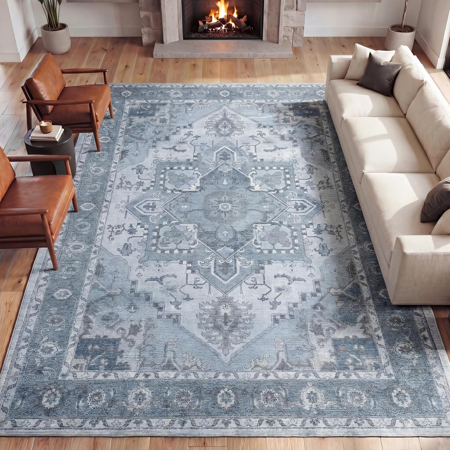 image:imageJONATHAN Y Washable Sersi Ornate Large Medallion Border 2 x 8 Runner Rug Rose Clay and Cream Vintage Bohemian MachineWashable LowPile Polyester with NonSlip Backing for Hallway WSH505G28Blue GrayCream