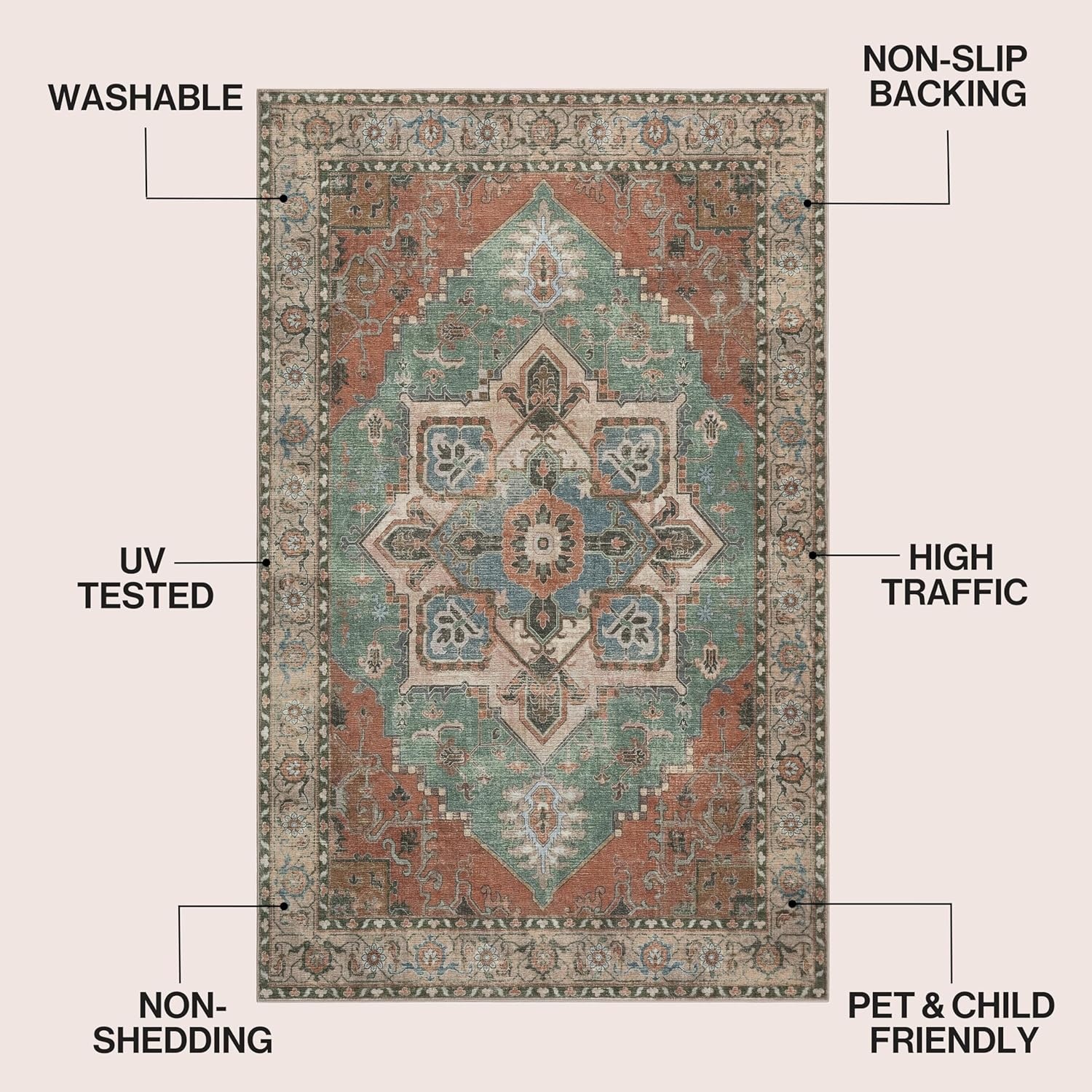 image:imageJONATHAN Y Washable Sersi Ornate Large Medallion Border 2 x 8 Runner Rug Rose Clay and Cream Vintage Bohemian MachineWashable LowPile Polyester with NonSlip Backing for Hallway WSH505G28GreenBrown