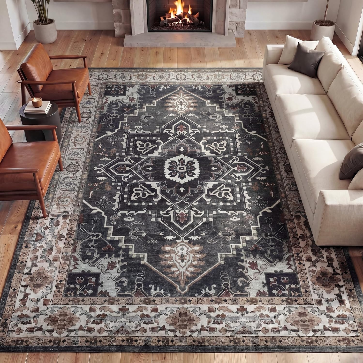 image:imageJONATHAN Y Washable Sersi Ornate Large Medallion Border 2 x 8 Runner Rug Rose Clay and Cream Vintage Bohemian MachineWashable LowPile Polyester with NonSlip Backing for Hallway WSH505G28CharcoalIvory