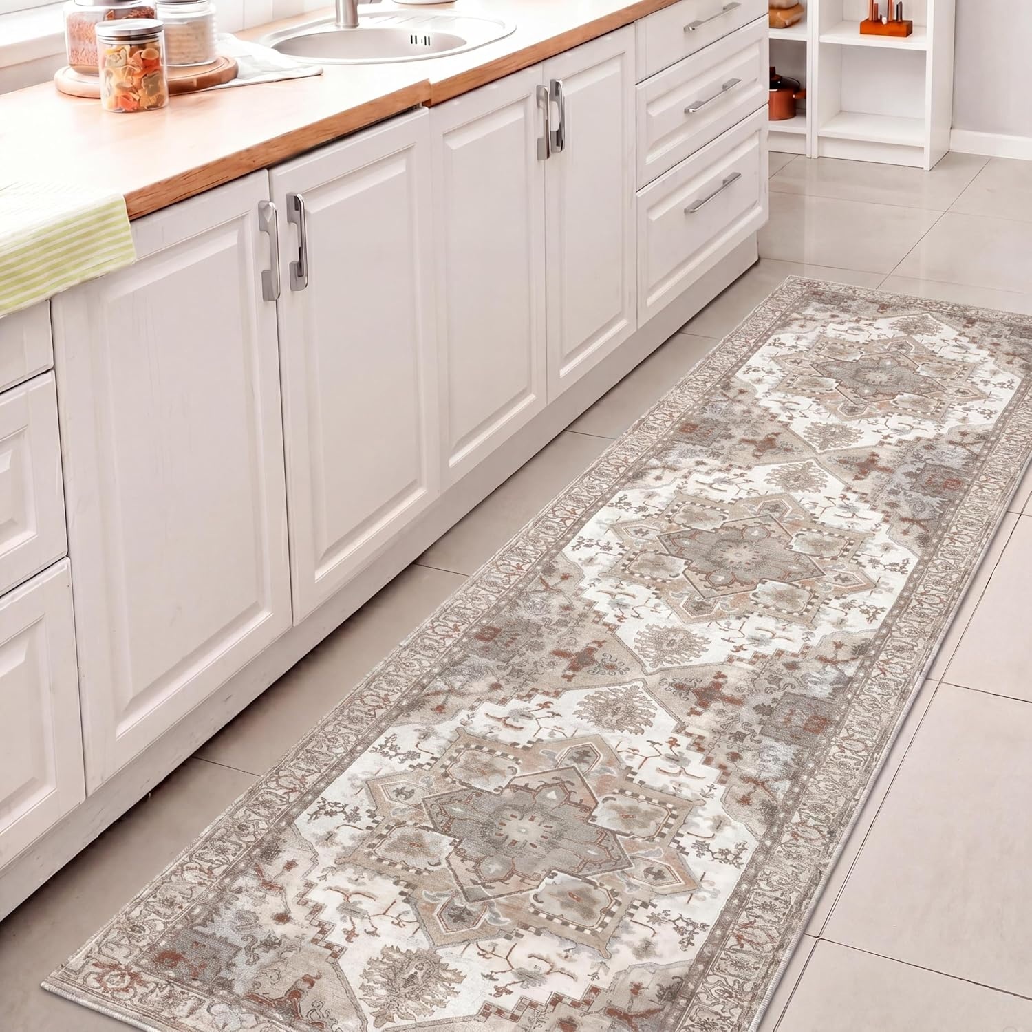 image:imageJONATHAN Y Washable Sersi Ornate Large Medallion Border 2 x 8 Runner Rug Rose Clay and Cream Vintage Bohemian MachineWashable LowPile Polyester with NonSlip Backing for Hallway WSH505G28BeigeCream