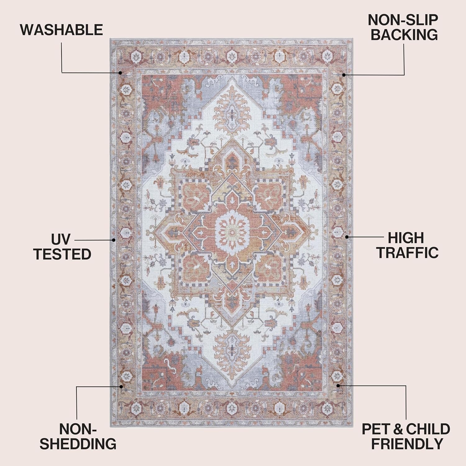 image:imageJONATHAN Y Washable Sersi Ornate Large Medallion Border 2 x 8 Runner Rug Rose Clay and Cream Vintage Bohemian MachineWashable LowPile Polyester with NonSlip Backing for Hallway WSH505G28Rose ClayCream