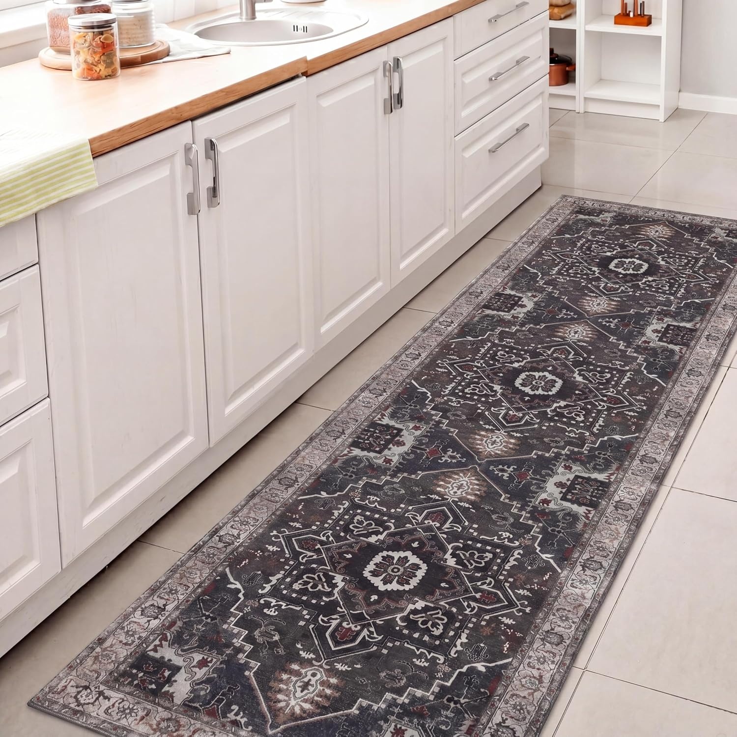 image:imageJONATHAN Y Washable Sersi Ornate Large Medallion Border 2 x 8 Runner Rug Rose Clay and Cream Vintage Bohemian MachineWashable LowPile Polyester with NonSlip Backing for Hallway WSH505G28CharcoalIvory