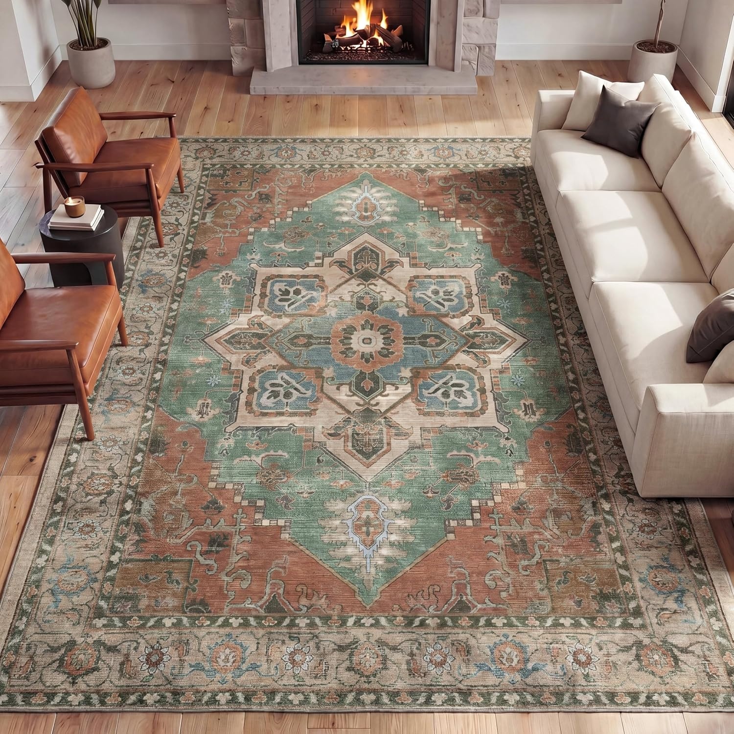 image:imageJONATHAN Y Washable Sersi Ornate Large Medallion Border 2 x 8 Runner Rug Rose Clay and Cream Vintage Bohemian MachineWashable LowPile Polyester with NonSlip Backing for Hallway WSH505G28GreenBrown
