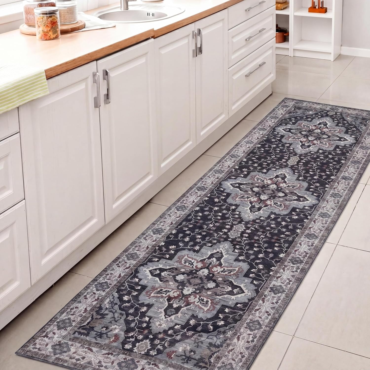 image:imageJONATHAN Y Washable Superbia Boho Medallion Border MachineWashable Polyester Runner Rug 2 x 8 Beige and Cream Traditional Vintage LowPile Indoor Rug for Hallway WSH502G28GrayCharcoal