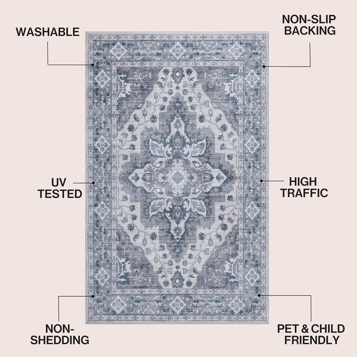 image:imageJONATHAN Y Washable Superbia Boho Medallion Border MachineWashable Polyester Runner Rug 2 x 8 Beige and Cream Traditional Vintage LowPile Indoor Rug for Hallway WSH502G28BlueGray